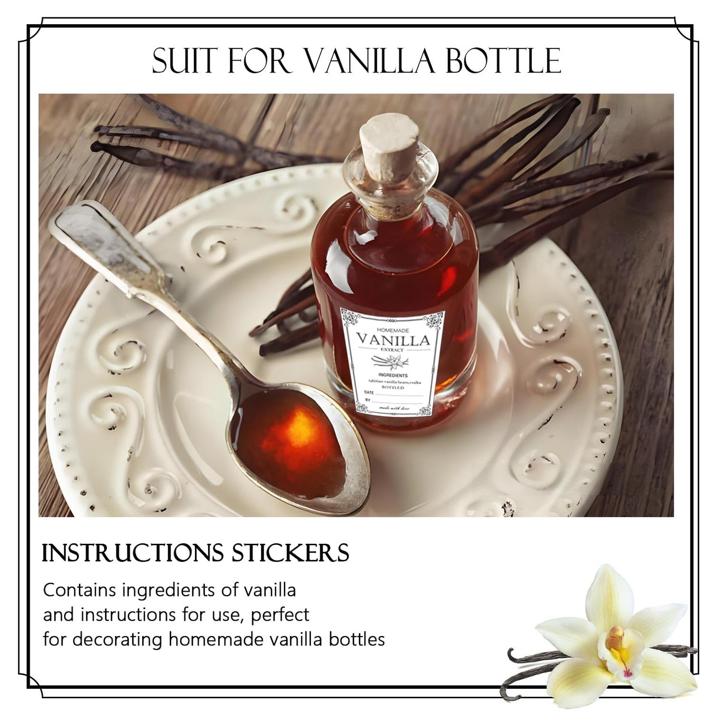 120pcs Homemade Vanilla Extract Stickers with Instructions - 1.5x2 Inch Handcrafted Vanilla Bottle Labels for 2oz, 4oz, 8oz Bottles Black