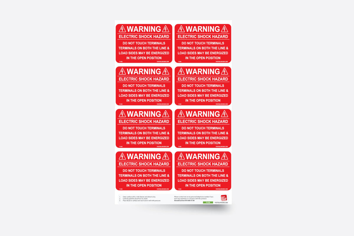 Warning: Electric Shock Hazard Do not touch terminals, terminals on both the line and load sides may be energized in the open position | Set of 8 | F-038