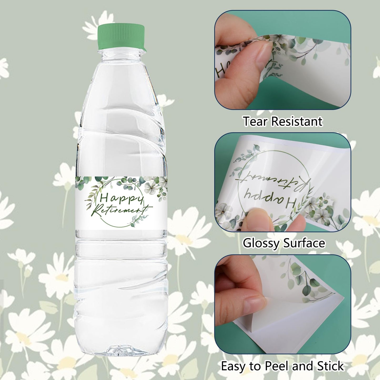 Water Bottle Labels, Green Leaf Happy Retirement Waterproof Bottle Wraps Sticker Officially Retired Bottle Wrappers Party Water Labels 1.37x8.18in 3.50 Centimeters