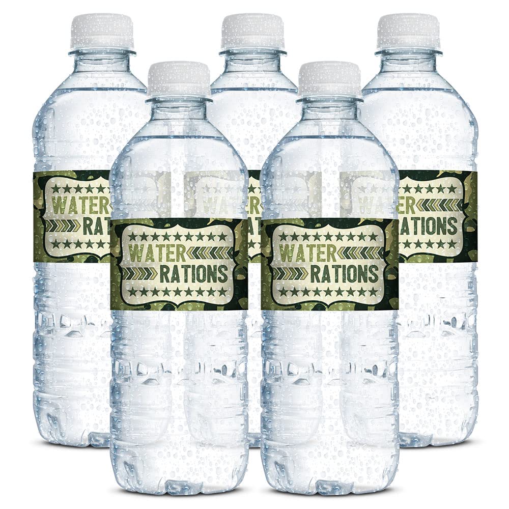 Ten Hut! Army Camouflage Birthday Themed Waterproof Water Bottle Sticker Wrappers 20 Wrap Around Labels Sized 1.75" x 8.5" by AmandaCreation