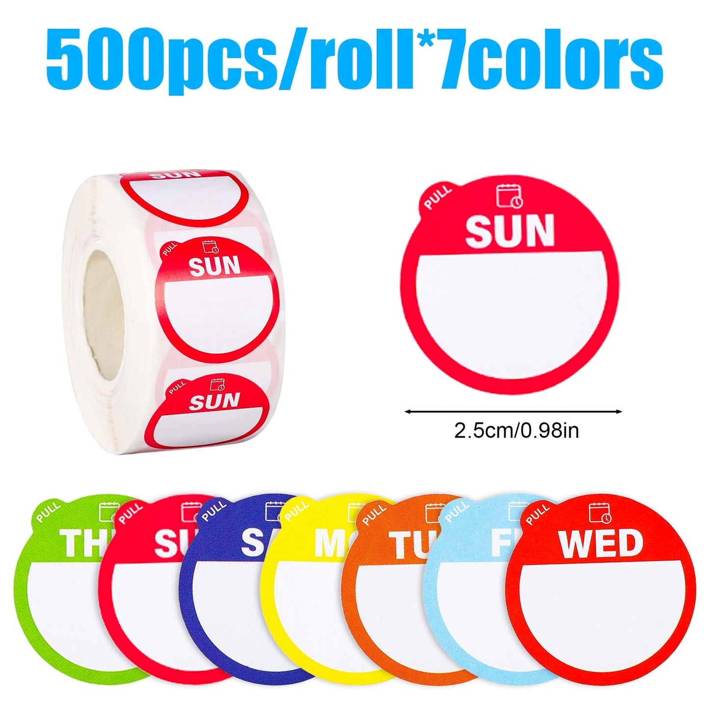 3500pcs Removable Days of The Week Stickers Round, from Monday to Sunday Food Label Weekday Stickers Dissolvable Food Tab Tag Waterproof Expiration Date Decal for Fruit Container Kitchen Restaurant