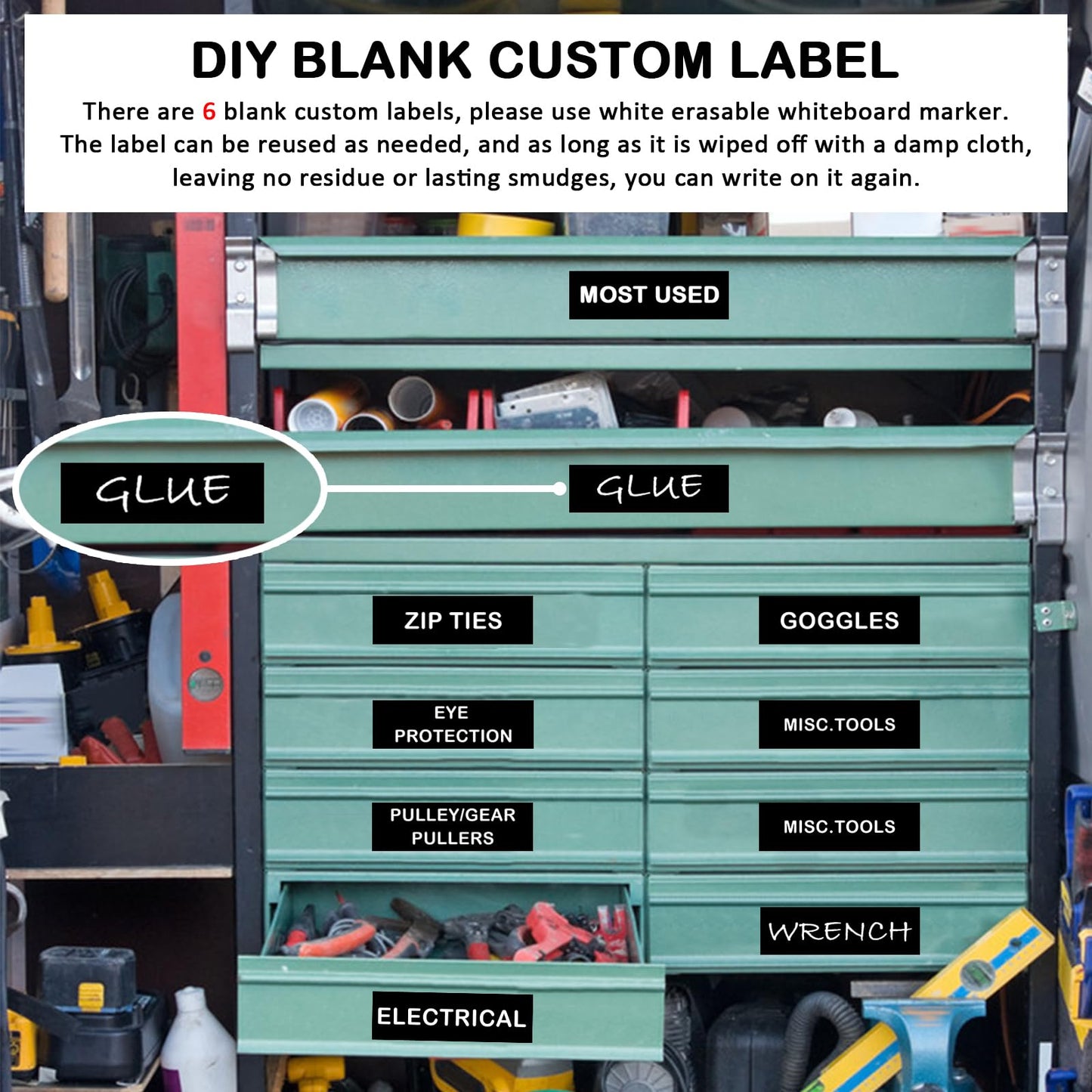 Magnetic Tool Box Organization Labels,Tool Chest Organizer Labels with Strong Magnets,Easy to Read Printing - Fits All Brands of Steel Tool Box Drawers (72 Pcs, 4 x 1 Inches) Black