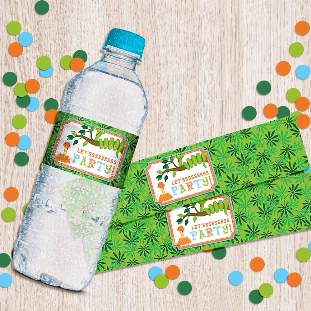 Snake Themed Birthday Party Waterproof Water Bottle Sticker Wrappers, 20 1.75" x 8.5" Wrap Around Labels by AmandaCreation