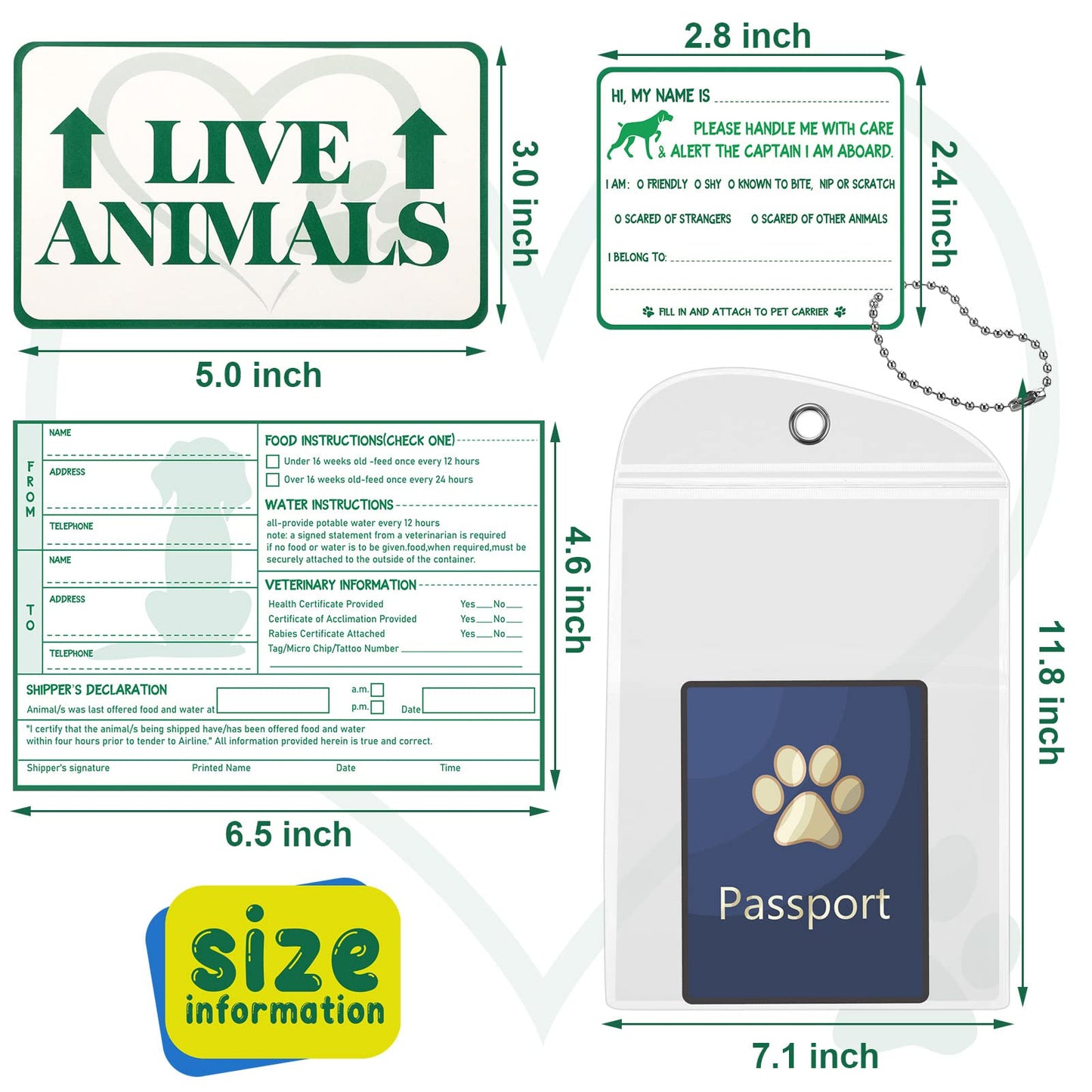 20 Pcs Live Animal Label Set Pet Passport Pouch Fragile Live Animal Travel Stickers for Airline Cargo Crates Shipping and Packing