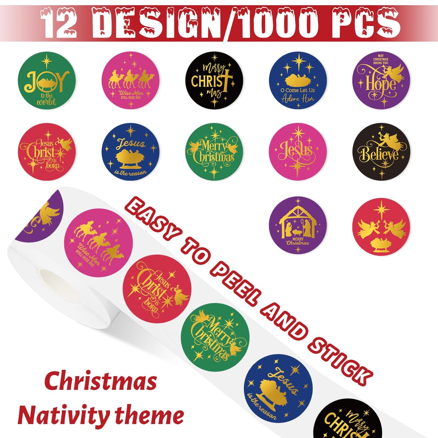 1000Pcs Gold Foil Christmas Nativity Stickers Roll Self-Adhesive Xmas Holy Night Label Stickers Decal for Holiday Party Favor Decor, 12 Designs