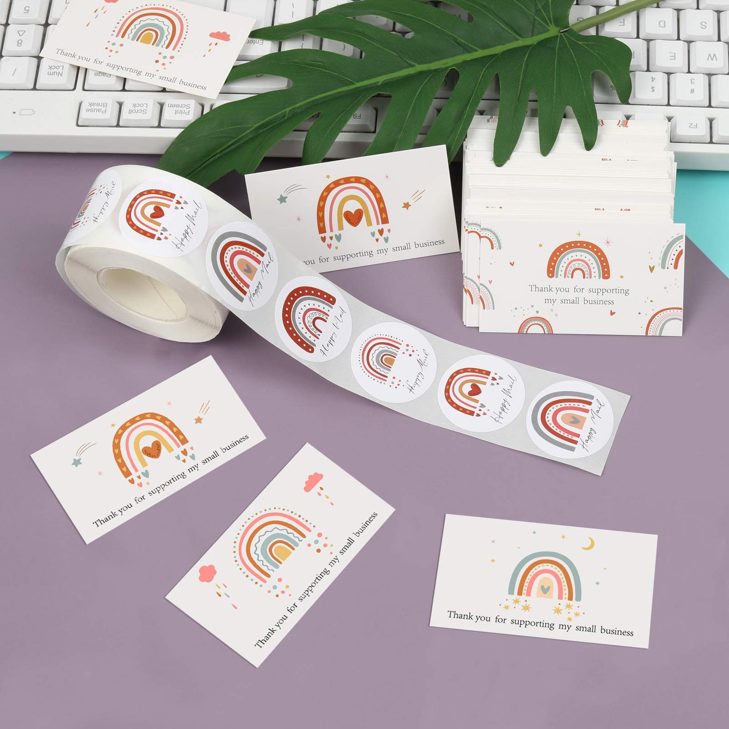 620Pcs Rainbow Thank You Cards for Supporting My Small Business with Happy Mail Sticker, 120Pcs Blank Note Card with 1.5’’Sticker Labels (500Pcs/ Roll) for Small Business Owners Sellers