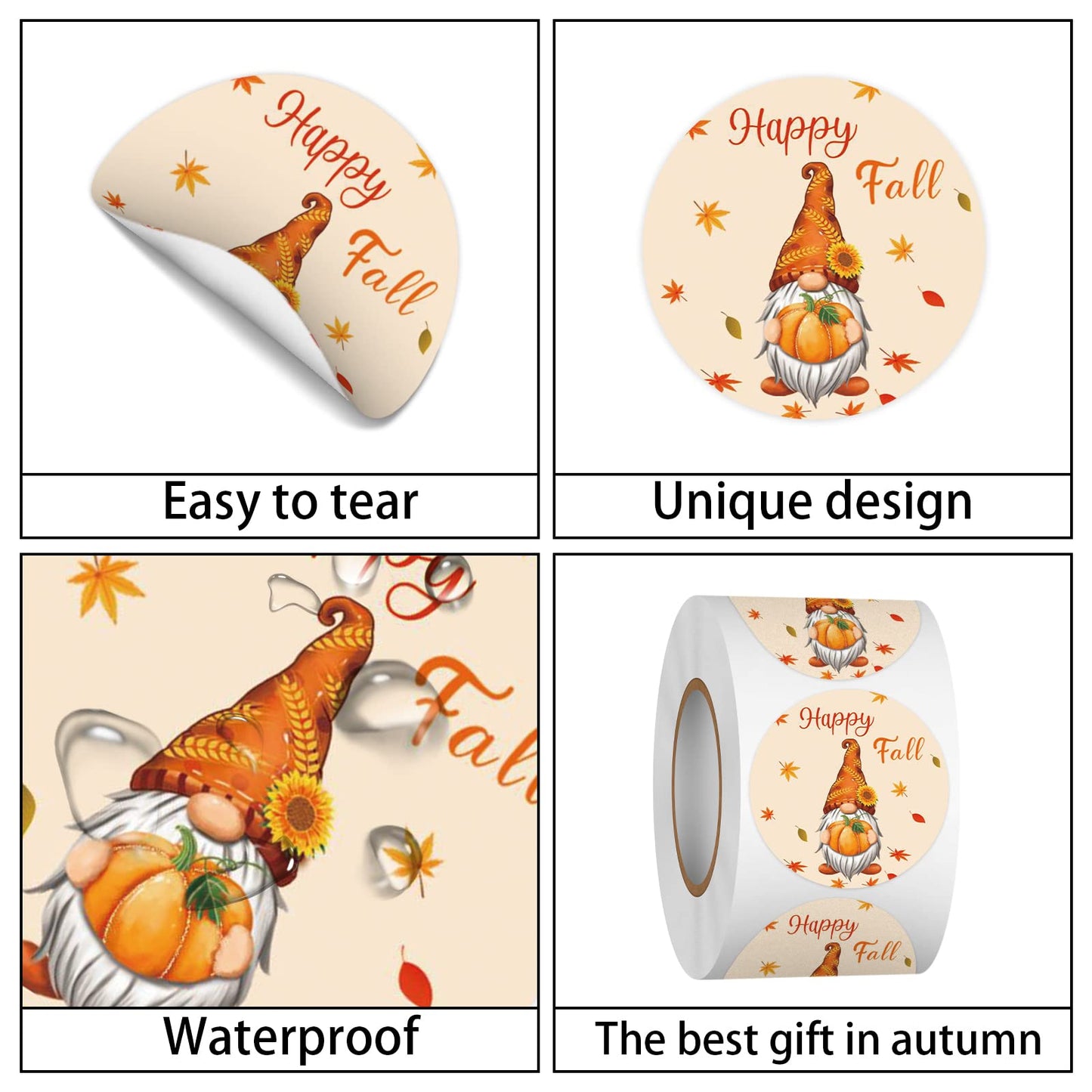 Heyfibro 500 PCS 1.5 Inch Happy Fall Y'all Stickers Roll for Adults, Gift Packing, Cards, Candy Bags, Envelopes, Party Supplies(Gnomes) Gnomes