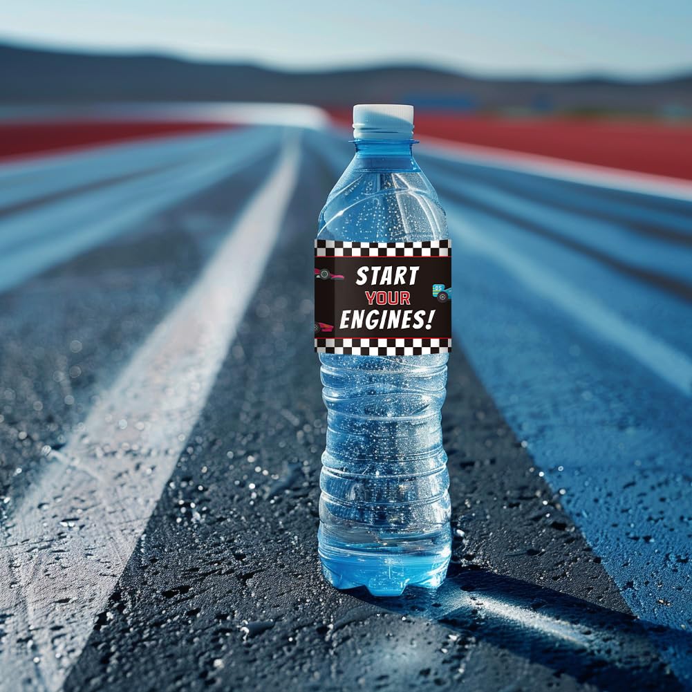 PH PandaHall 30pcs Water Bottle Labels Waterproof Labels, 21.6x6.4cm/ 8.5x2.5inches Rectangle Bottle Label Start Your Engines Bottle Wraps Adhesive Stickers for Race Car Party Decorations Supplies