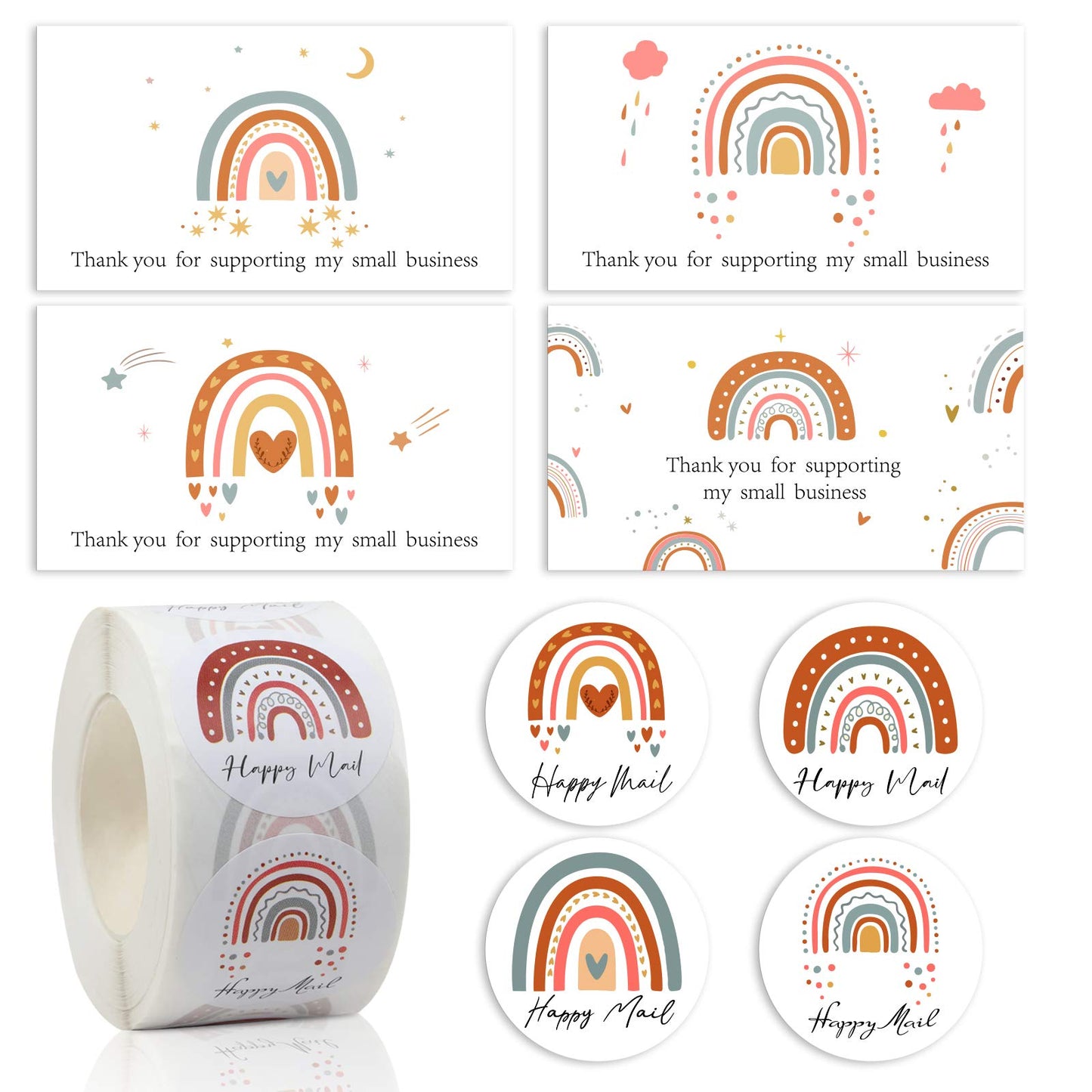 620Pcs Rainbow Thank You Cards for Supporting My Small Business with Happy Mail Sticker, 120Pcs Blank Note Card with 1.5’’Sticker Labels (500Pcs/ Roll) for Small Business Owners Sellers