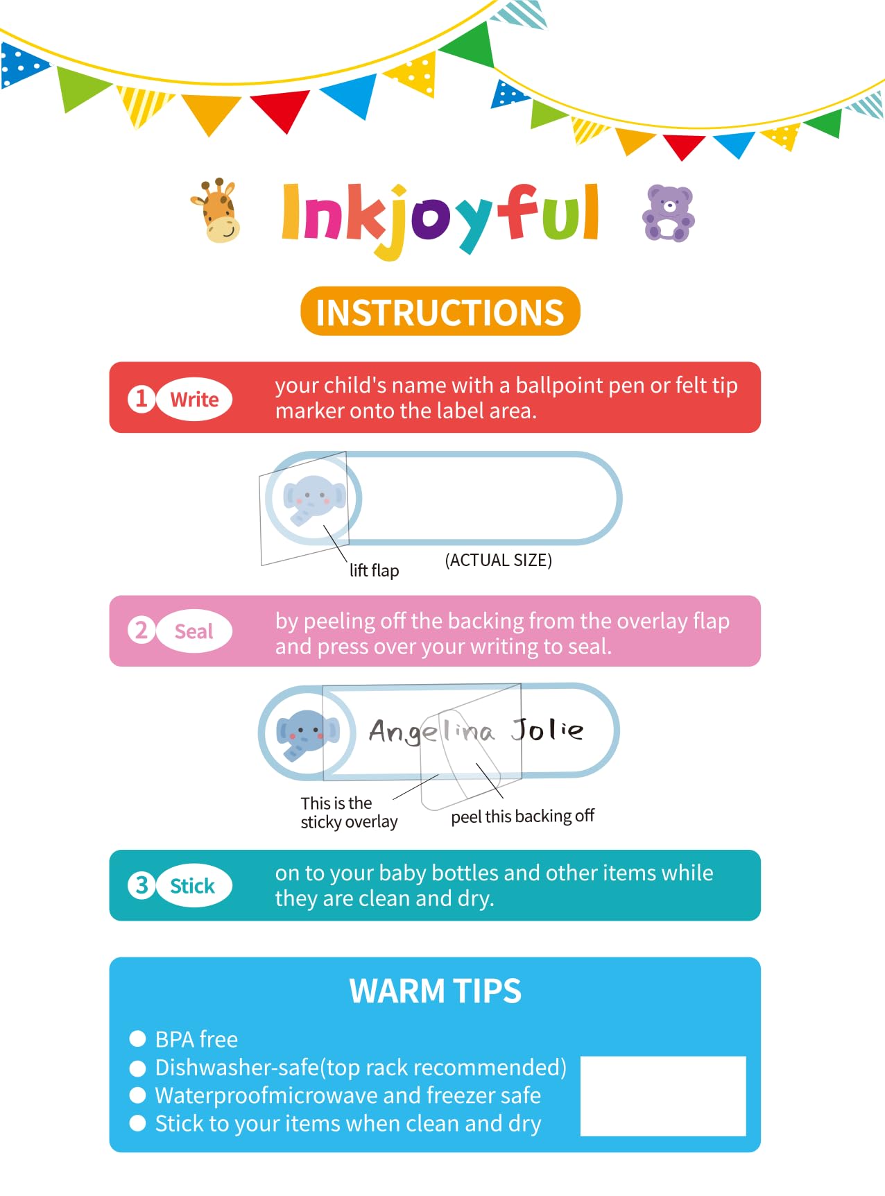 Baby Bottle Labels for Daycare, Self-Laminating, Waterproof Write-On Name Labels, Dishwasher, Freezer, Kitchen Safe, Pack of 96