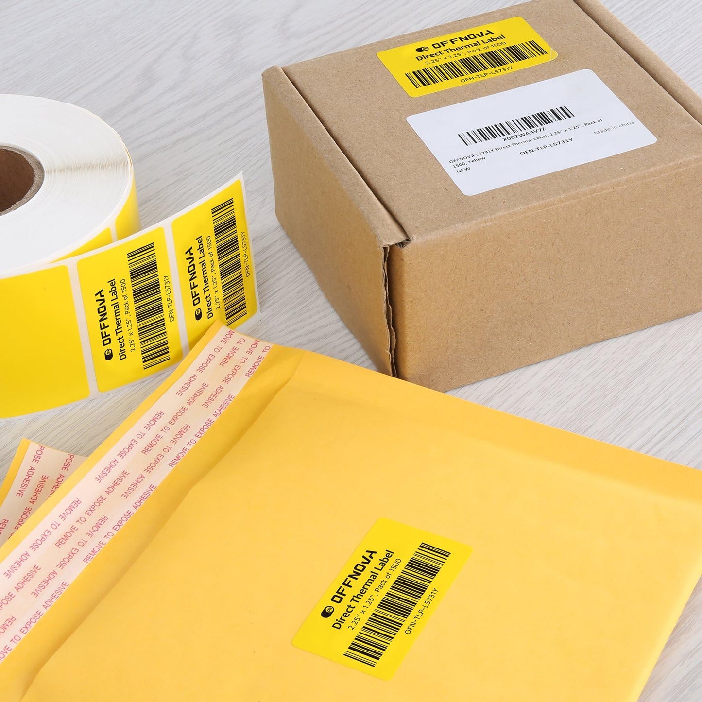 OFFNOVA 2.25" x 1.25" Thermal Direct Labels, Roll of 1500 Stickers Labels for Barcode, Address, with Perforation, Compatible with Rollo, Permanent Adhesive, Yellow 2.25”x1.25”