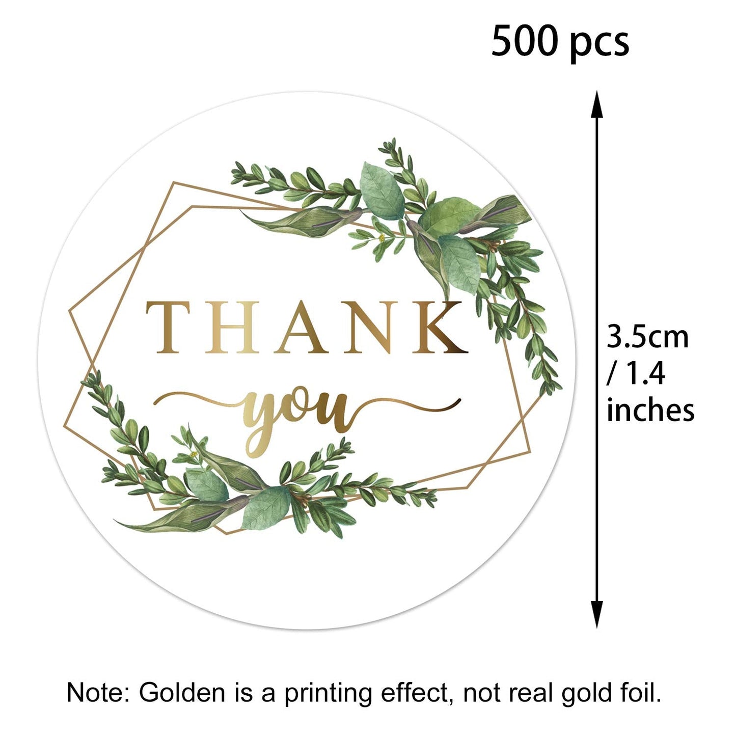 500 Chic Golden Greenery Frames Thank You Label Stickers, 1.4 Inches Circle Round Green Palm Leaves Wreath Thank You Stickers.