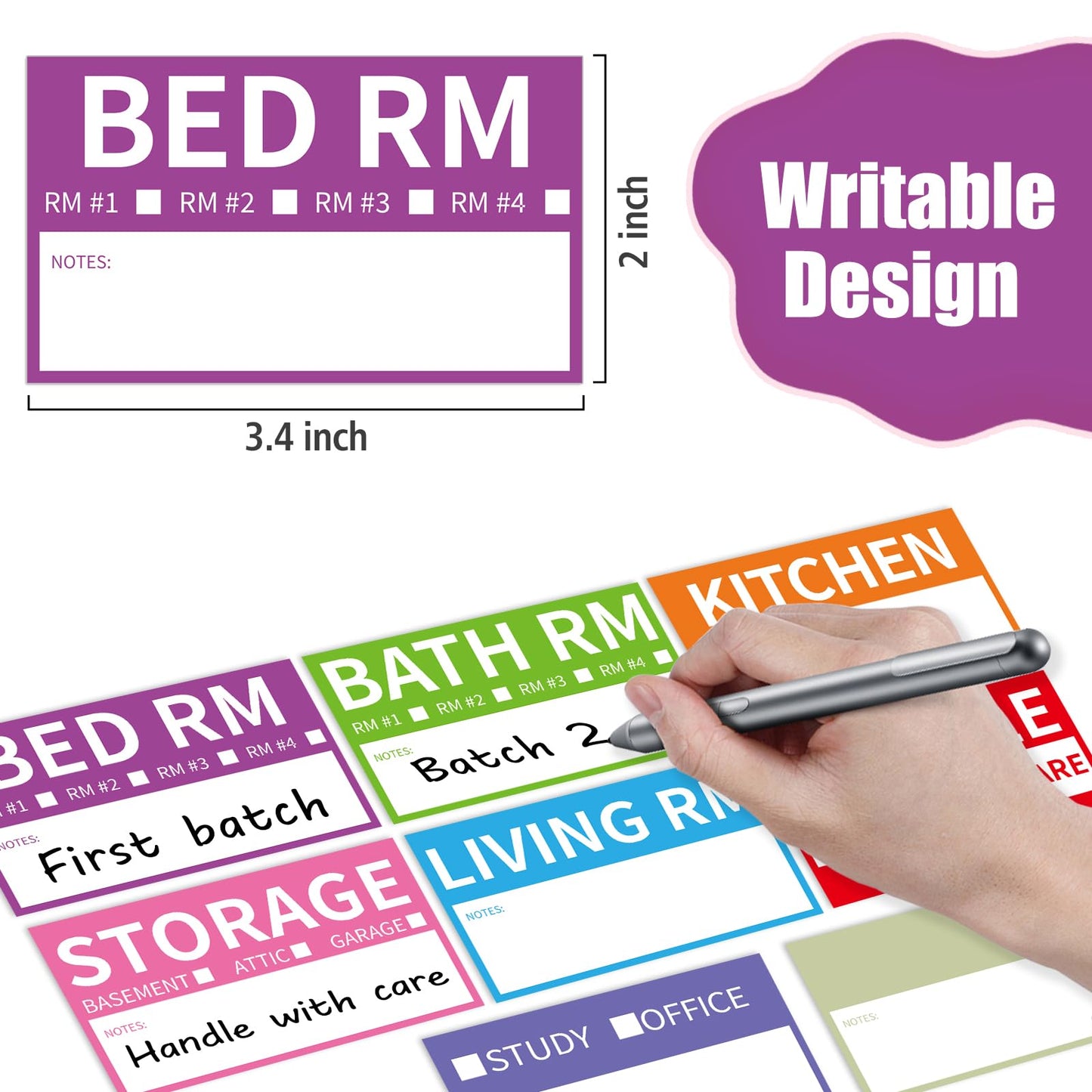 170 Home Moving Labels, 3.4 x 2 inches, 8-Color Coded Packing Box Stickers with Fragile and Blank Customizable Labels 170