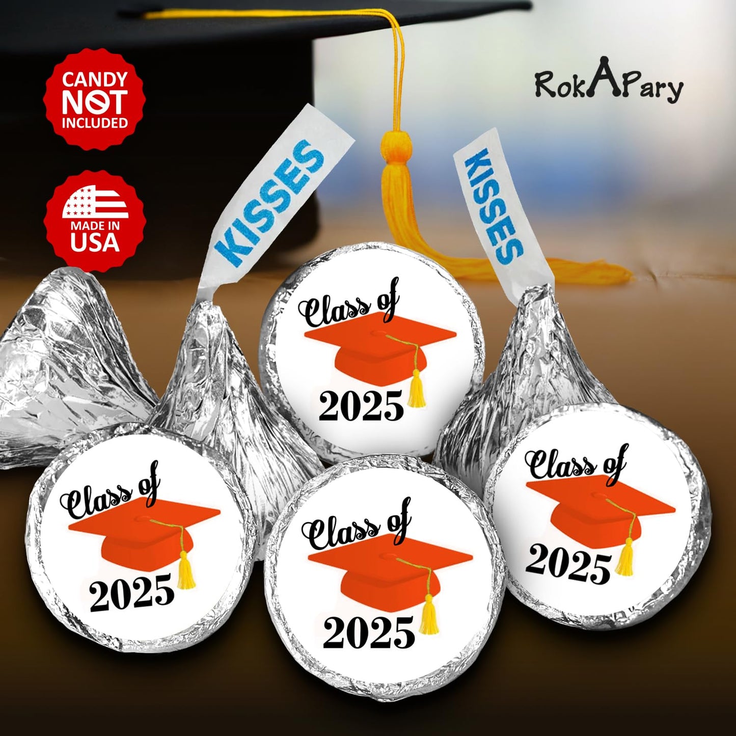 216 Graduation Party Cap Class of 2025 Kisses Stickers Labels, Grad Party Favor Decorations. Made in USA (Orange)