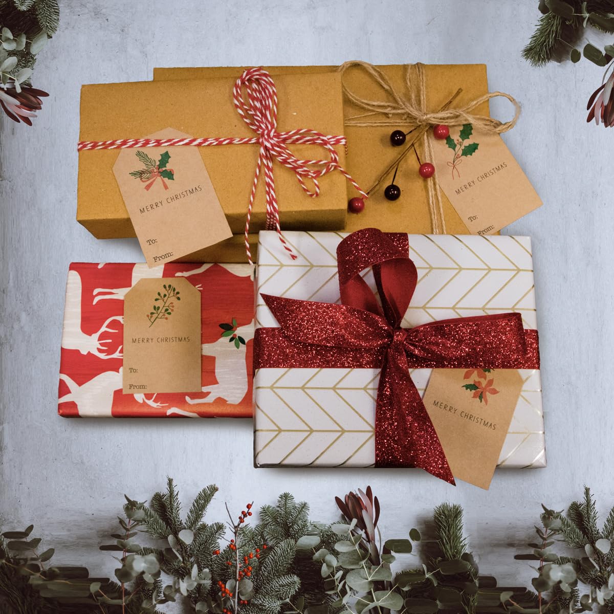 Mistletoe Holiday Gift Tags – 2 x 3 Inch Adhesive Labels with 4 Festive Mistletoe & Holly Designs – 100 Eco-Friendly Kraft Tags, Permanent Adhesive, Made in The USA