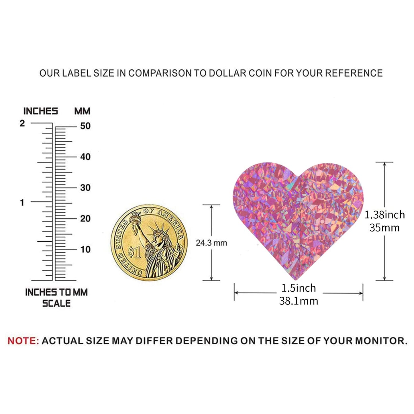 1.5" Pink Heart Stickers with Glitter Holographic Gravel Pattern, 500 pcs Sparkling Adhesive Heart Sticker Labels per Roll, Love Stickers for Personal and Business Use 1.5 inch