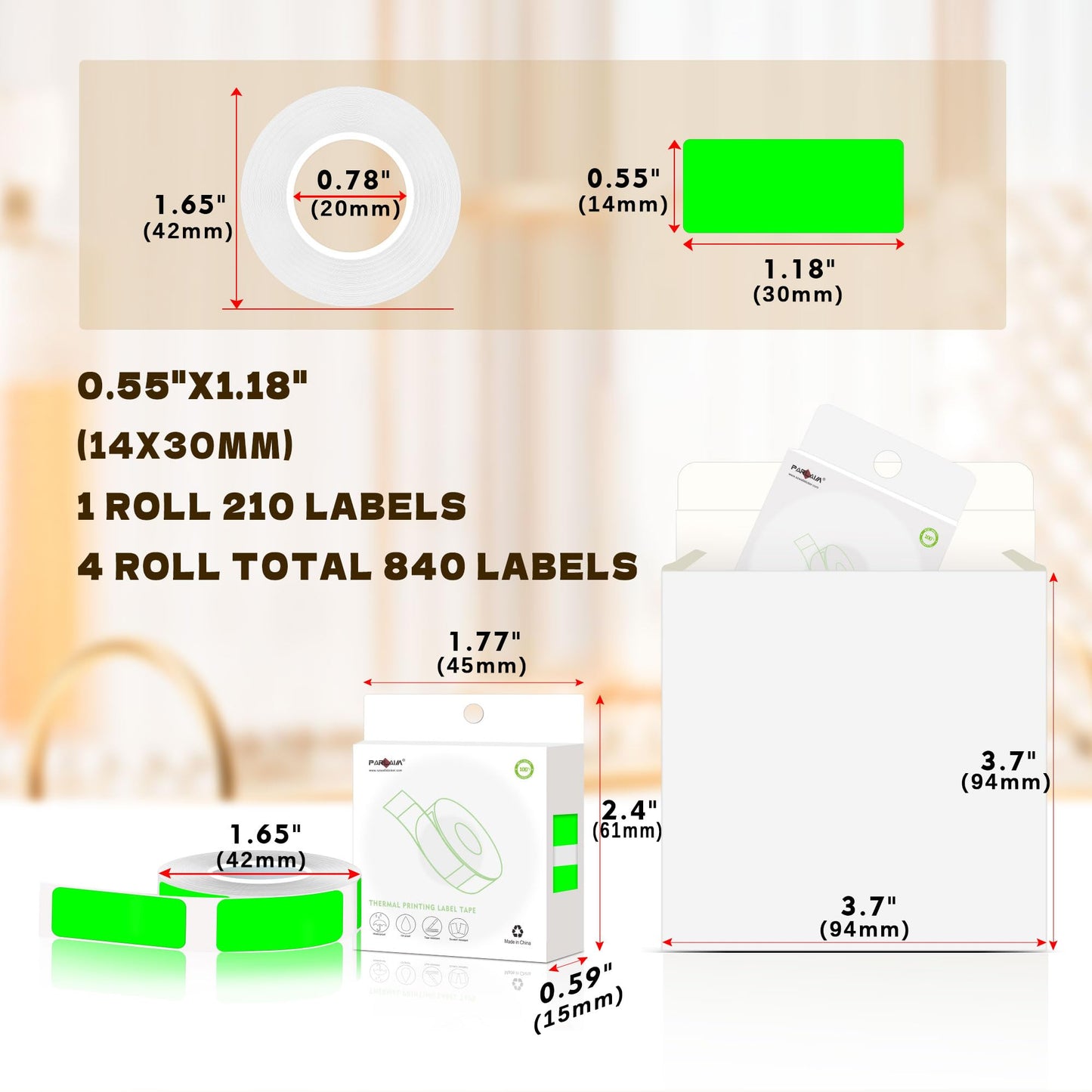PARLAIM Fluorescent Green Thermal Label Tape 14 X 30mm 4 Rolls 840 Sticker Paper Compatible with D30 Maker for Office School 4 Rolls-840PCS