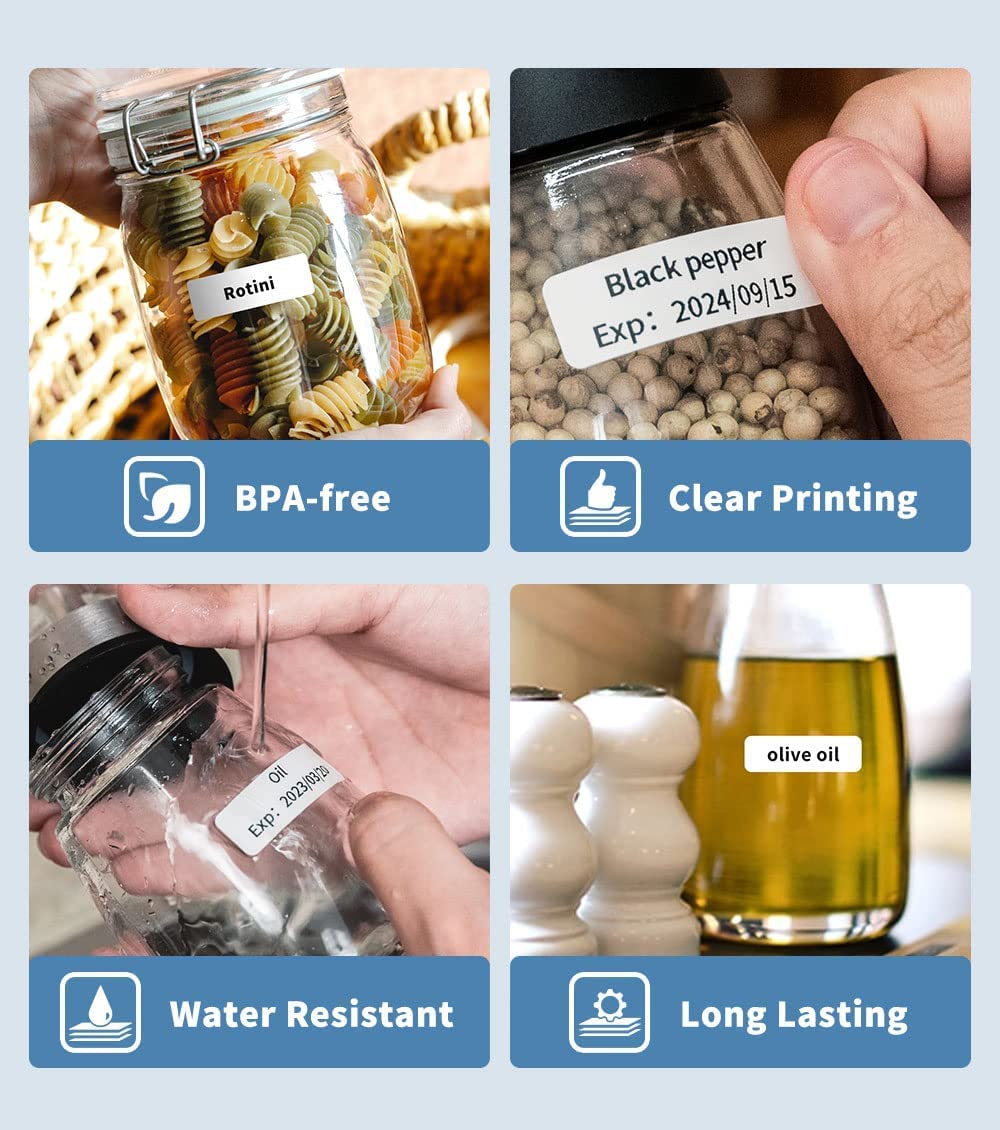 Phomemo D30 Label Maker Clear Tape, Black on Transparent Sticker Thermal Paper, Pre-Cut Self-Adhesive Label Tapes, 14 x 30mm /0.55 x 1.1 Inch (1/2" x 1 1/8") 210 Tapes/Roll, 6-Roll