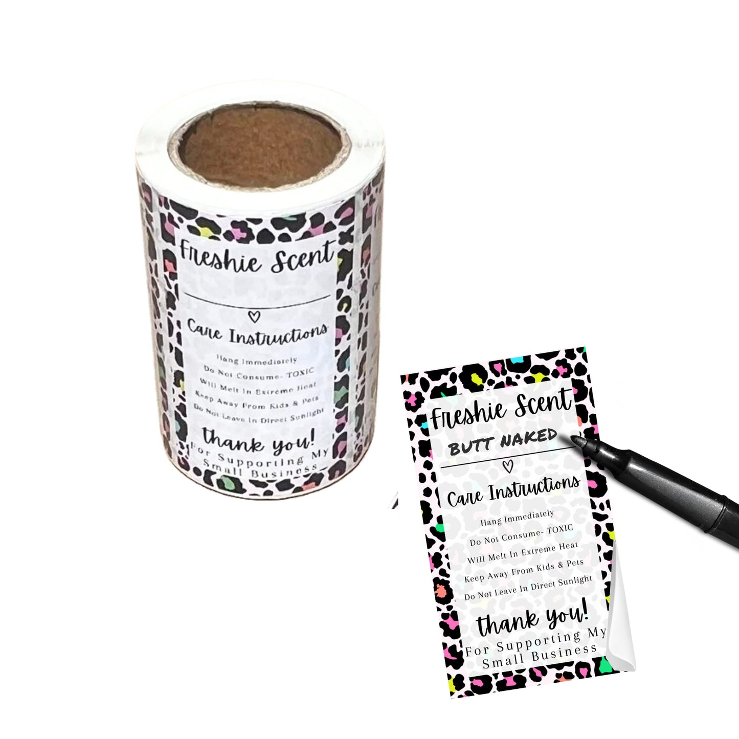 Freshie Warning Care Instruction Card Stickers | 200 Sticker Roll | 2x3.5” Write in Your Scent Line Rainbow Leopard Pink for Scented Bead Molds Aroma Oil Freshie Silicone It’s Getting Hot Labels