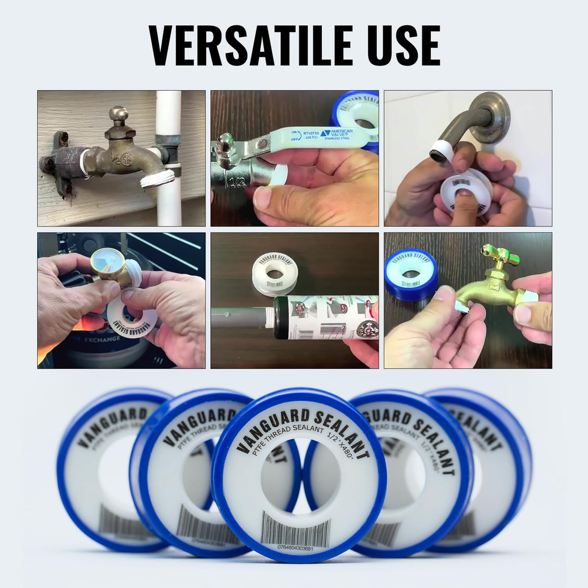High Density PTFE Plumbers Tape for Shower Head, Faucet, and Water line Connections - Food Safe, White, 1/2" Width, 460" Length - Thread Sealant to Stop Water leaks