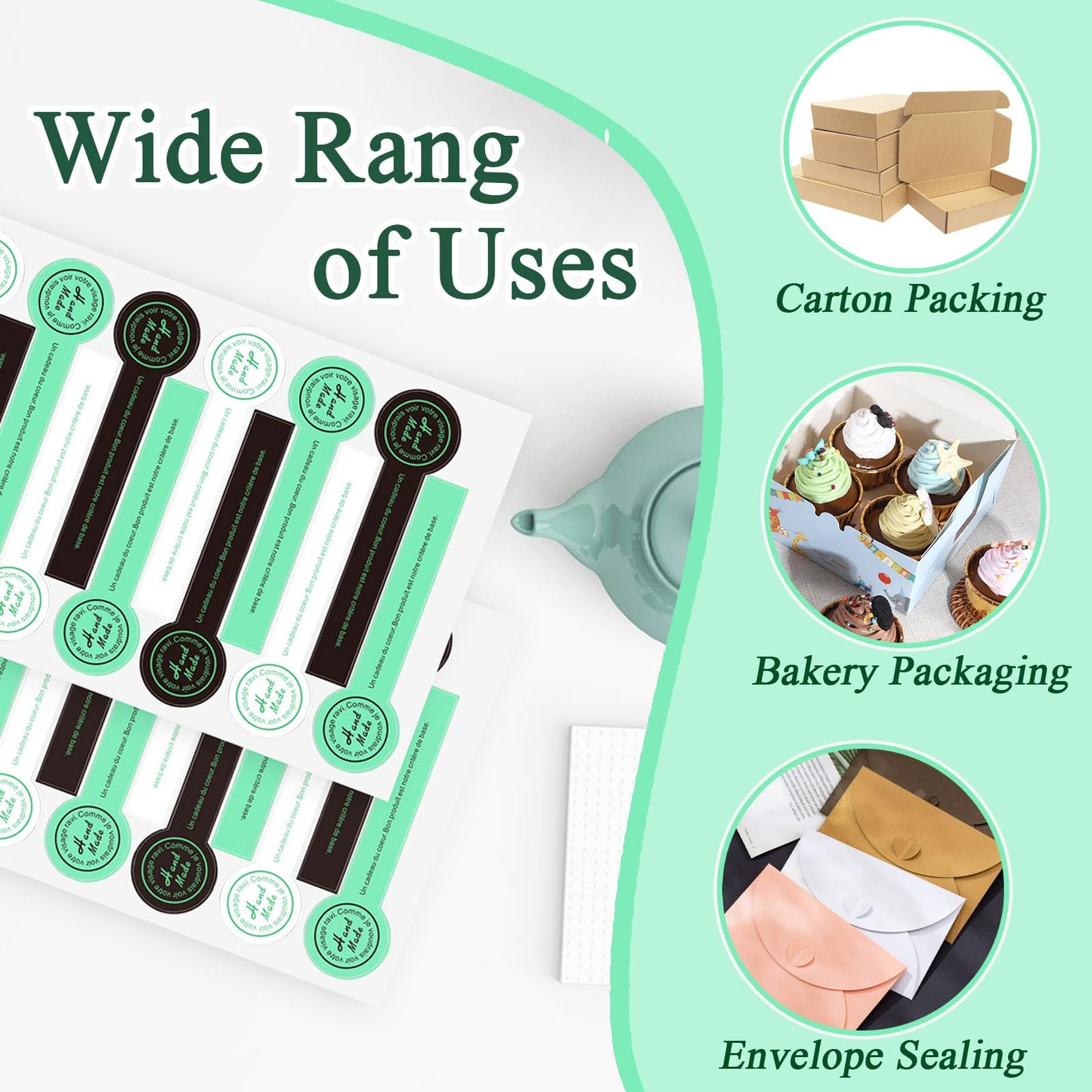800pcs Handmade Food Baking Seal Stickers, Black Green White Self Adhesive Bakery Stickers, 3.9in Long Strip Tamper-Proof Packaging Sealing Labels for Lollipop Cake Cookie Bread Black Green White(800pcs-3.9in Long)