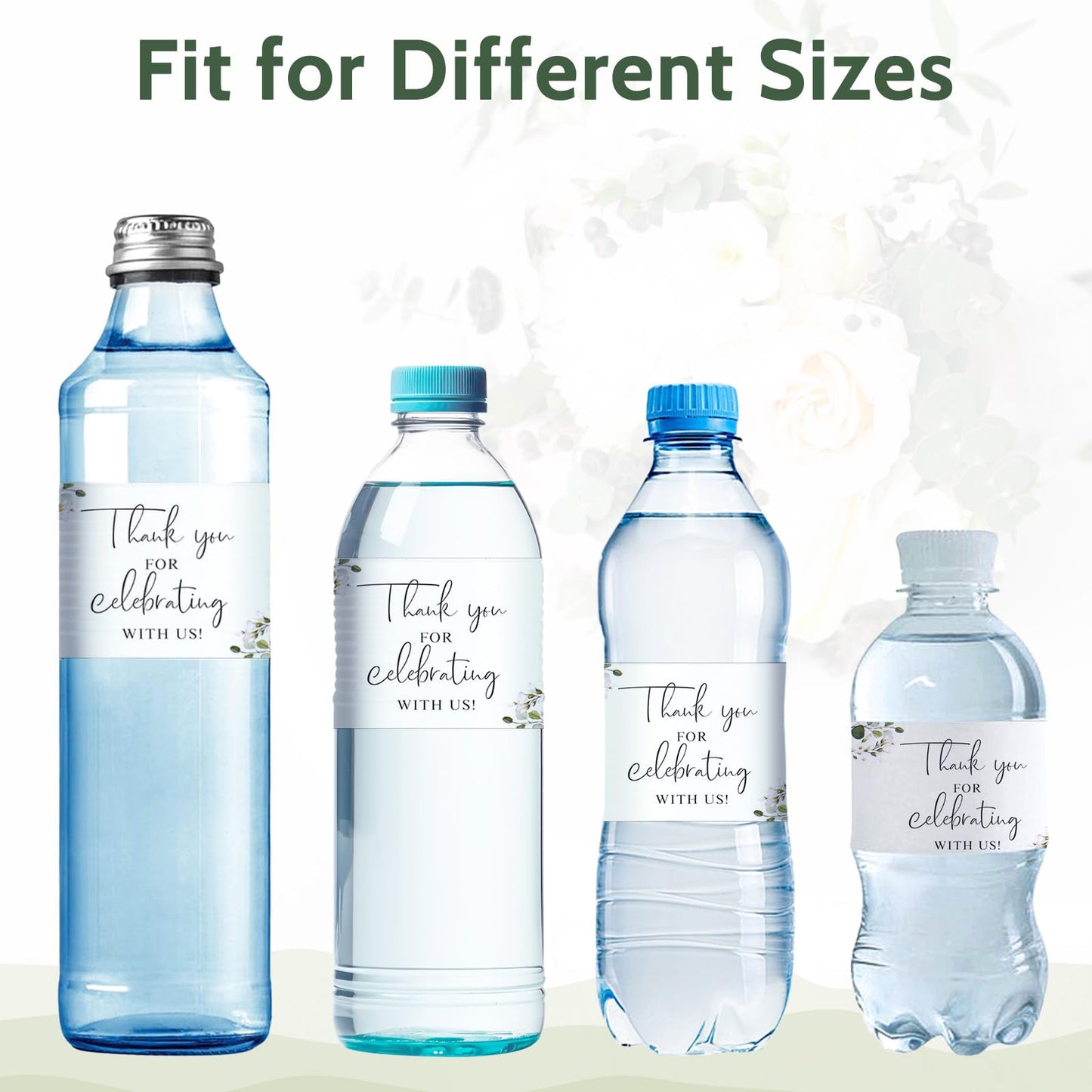 50pcs Wedding Water Bottle Labels Thank You Cards Flower Leaves Water Bottle Wraps Sticker Decorative Waterproof Bottle Wraps Rectangle Label for Bridal Shower Birthday Party Favors Celebration