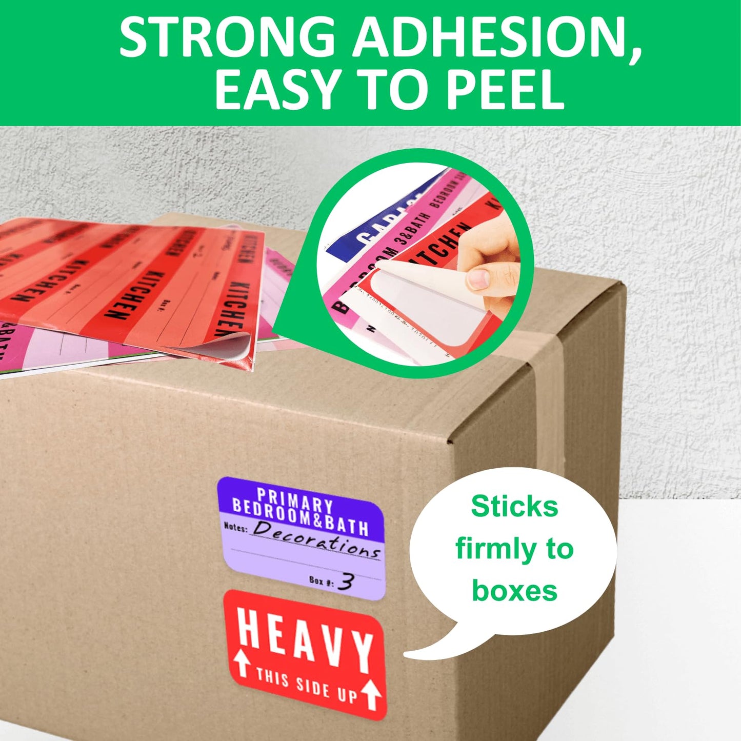 Large Color-Coded Moving Labels, 450 Stickers for Home Supplies With Removable Tape, Fragile Packing Labels for Boxes, Organizing and Packing Pack-450