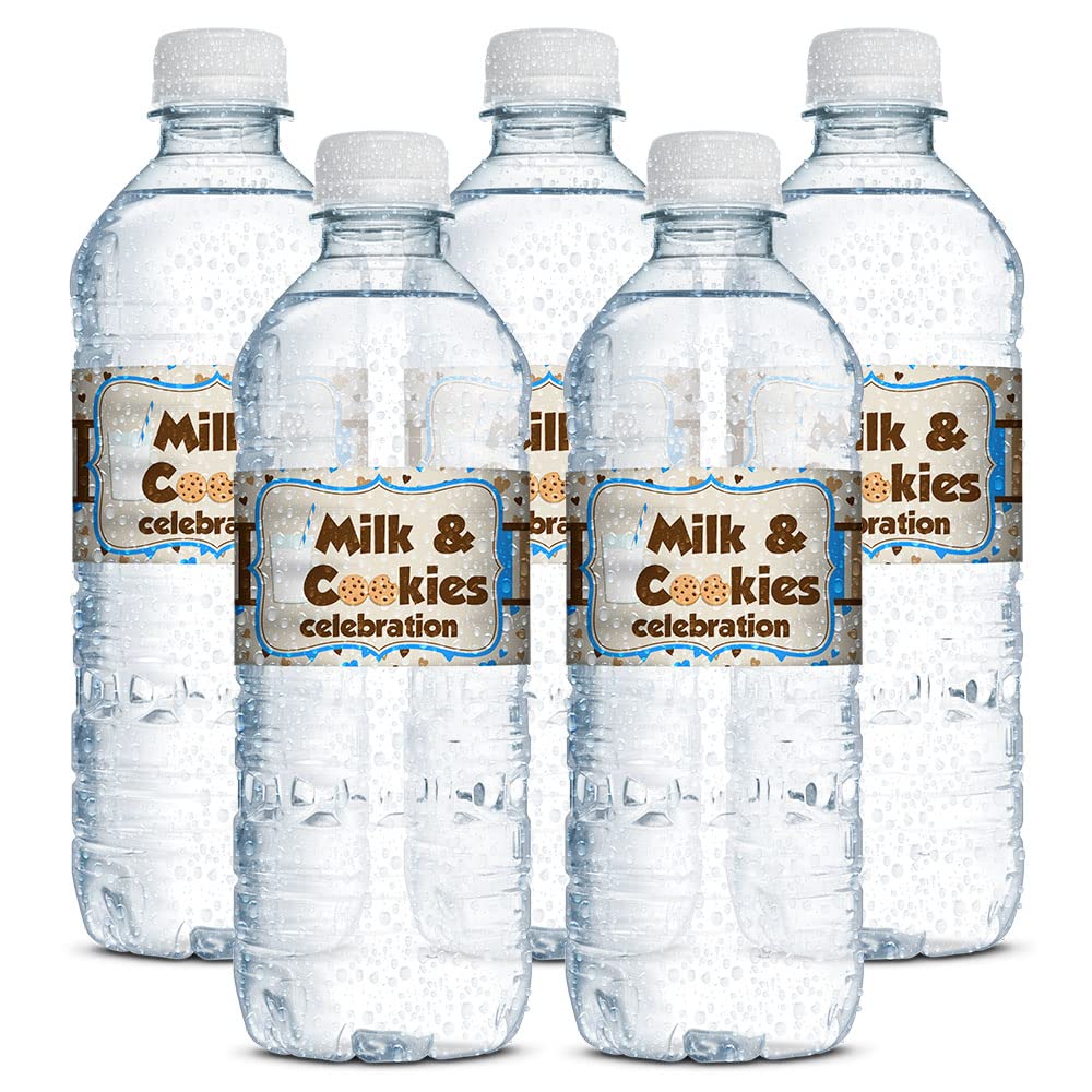 Milk and Cookies Birthday Themed Waterproof Water Bottle Sticker Wrappers 20 Wrap Around Labels Sized 1.75" x 8.5" by AmandaCreation