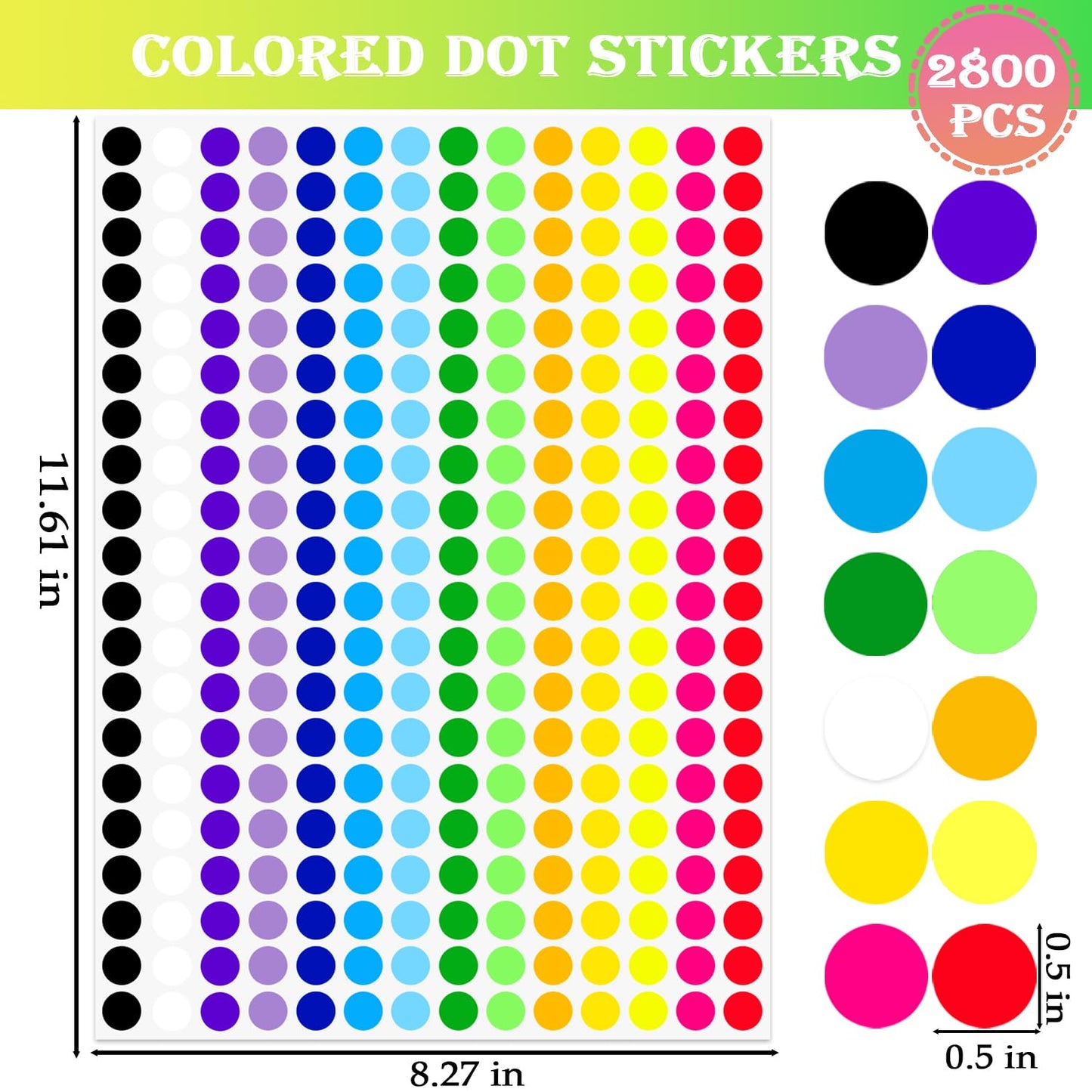 2800 PCS 1/2" Dots Stickers, 14 Colors Small Circle Price Stickers for Garage Sale, Polka Round Color Coding Labels for Toddlers Classroom Office Kitchen Classification Papers 1/2 inch