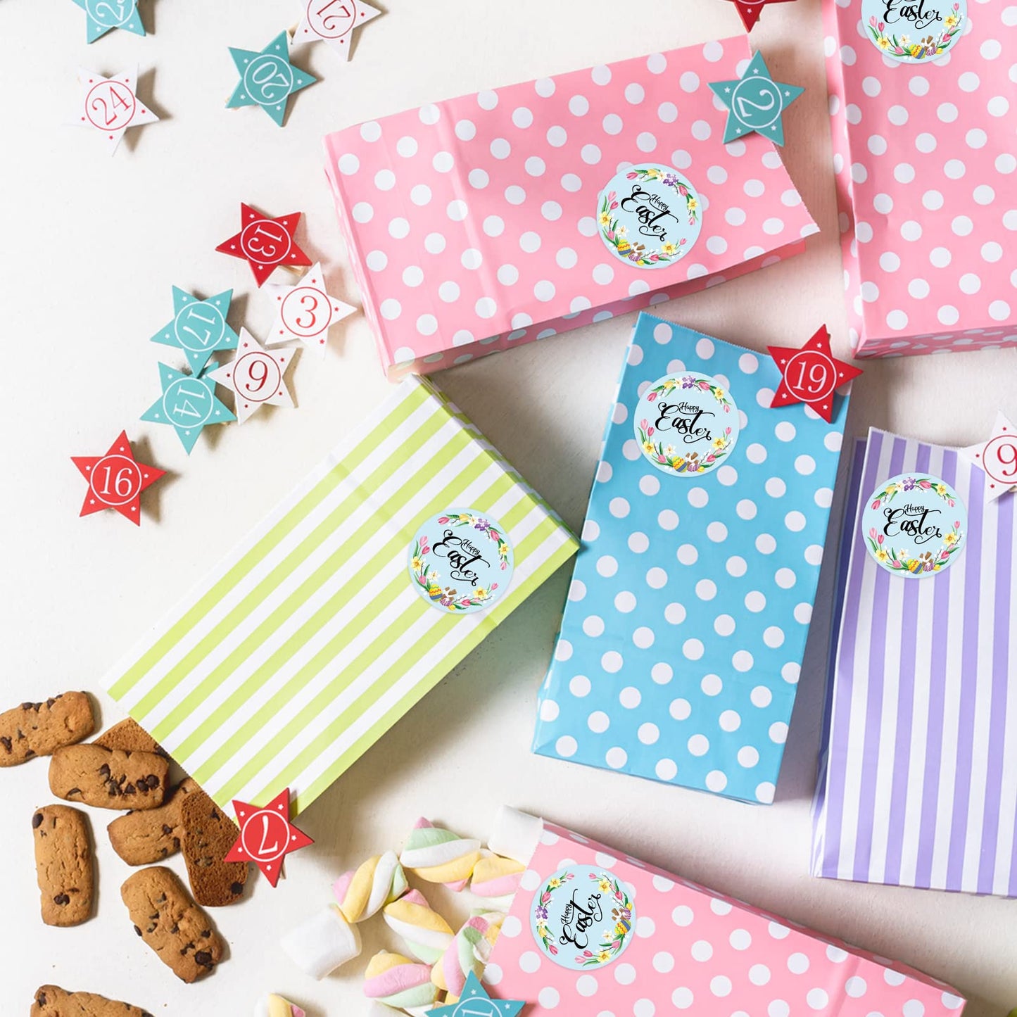Happy Easter Sticker Rolls, 1.5 Inches 500 PCS Holiday Stickers for Kids and Adults, Round Label Stickers for Goodie Bags, Gift Favors Box, Cards, Beer Bottle, Party Supplies Floral Wreath
