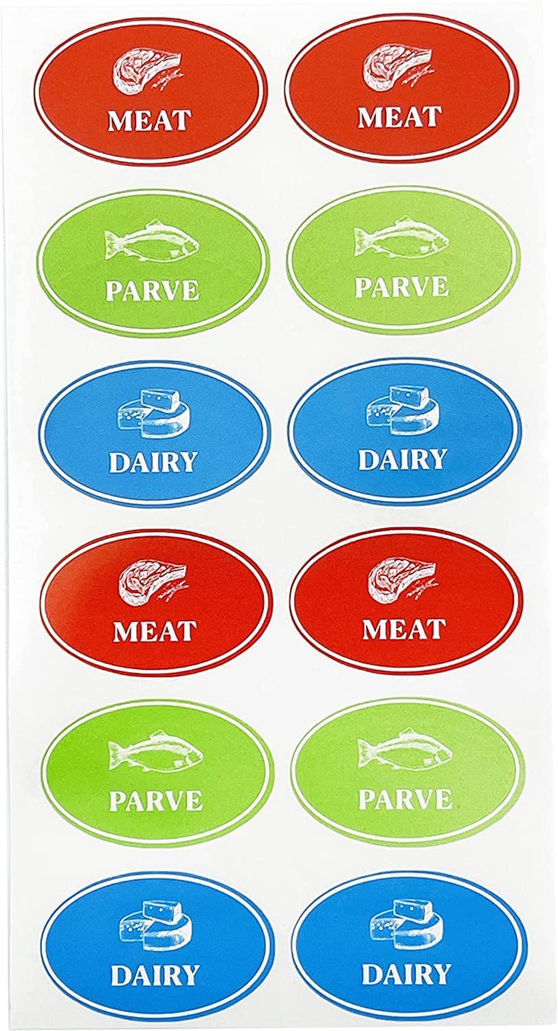 The Dreidel Company Assorted Kosher Labels, 16 Blue Dairy, 16 Red Meat, 16 Green Parve Stickers, Oven Proof up to 500°, Freezable, Microwavable, Dishwasher Safe, English, Color Coded Tools (48-Pack) 48-Pack Oval Design