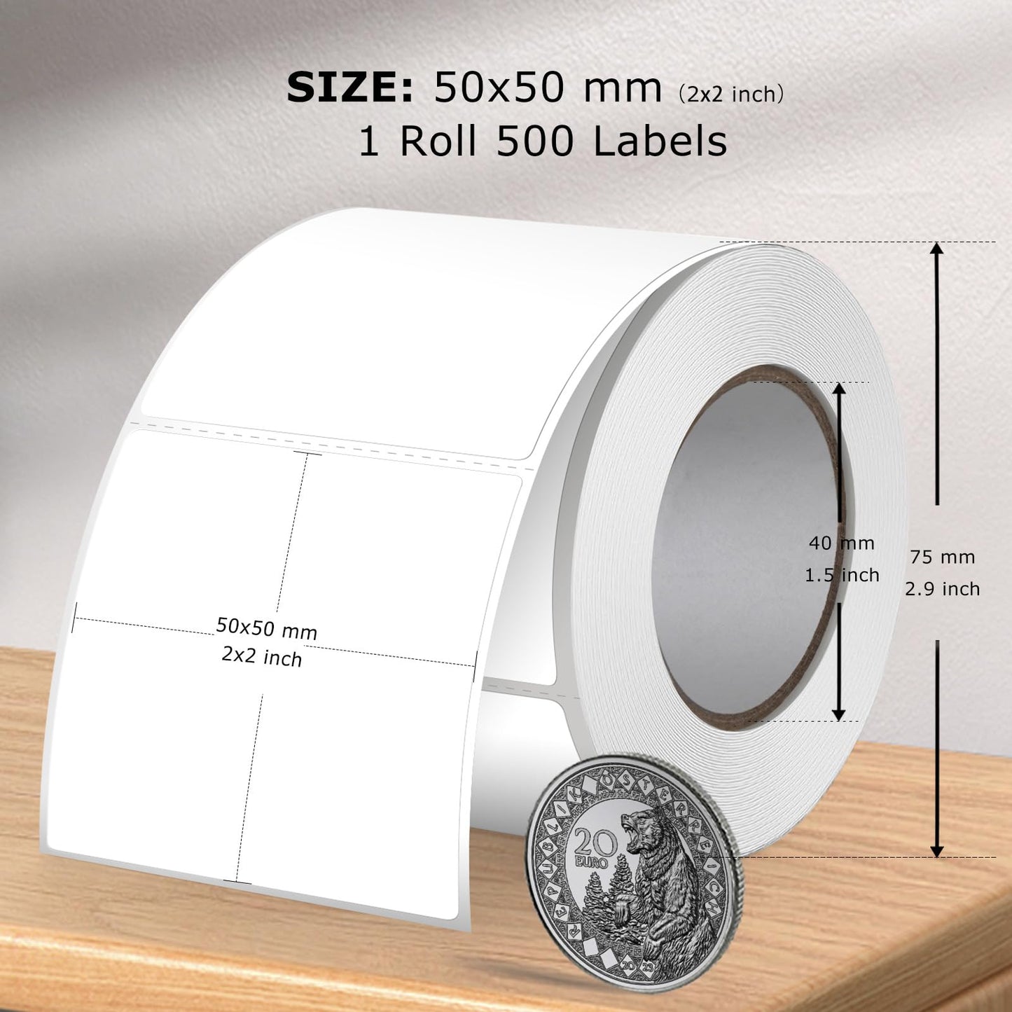 White Thermal Labels 2 × 2 Inch Vinyl Rectangular Waterproof Direct Printer Sticker Self-Adhesive Perforated Name Tag for Logo DIY QR Design Office Address 500 PCS White