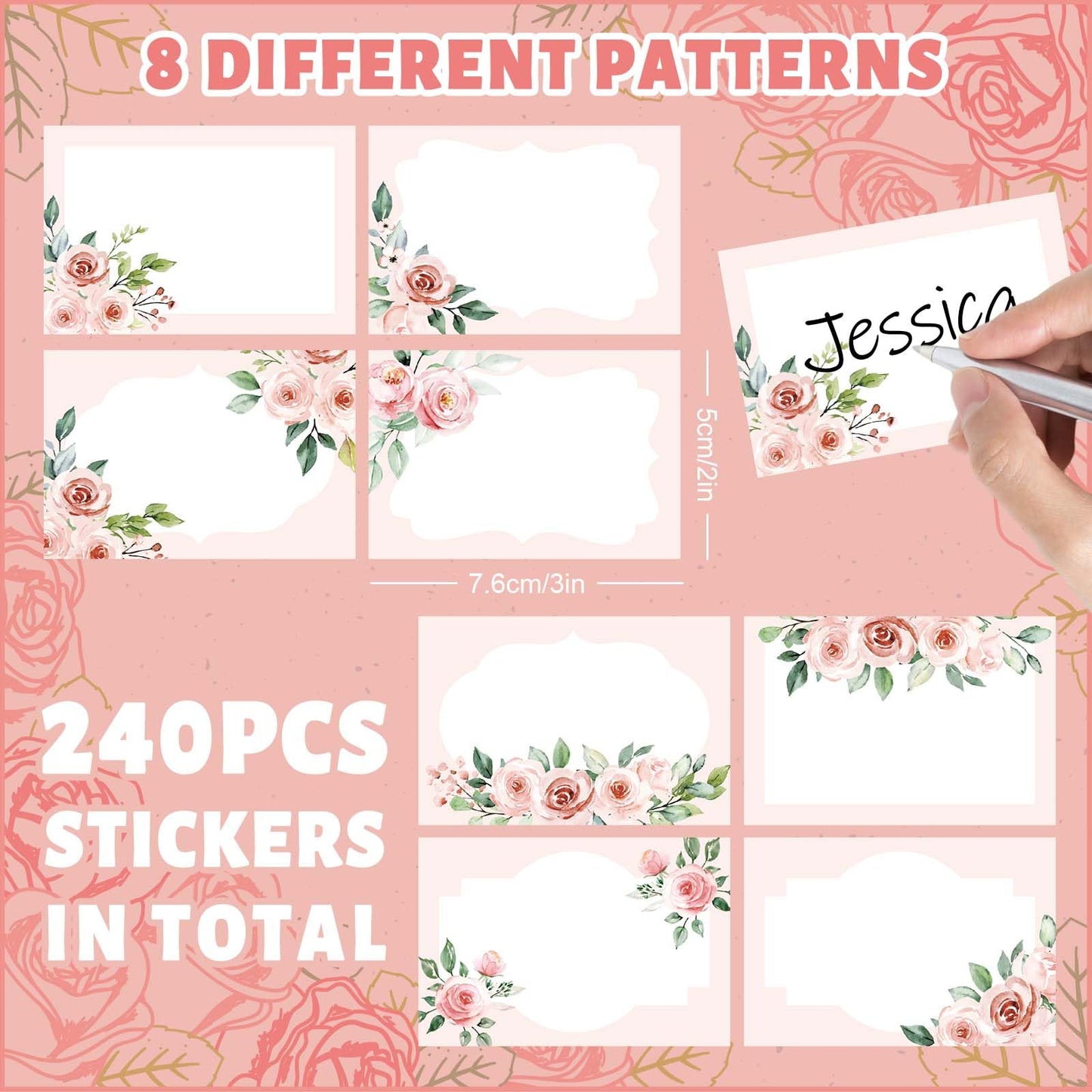 240Pcs Floral Label Stickers Pink Rose Flower Jar Tag Stickers 8 Design Spring Blank Self-Adhesive Paper Label Decals for Classroom Desk Kitchen Sauce Bottle Jar, 3 x 2 Inch