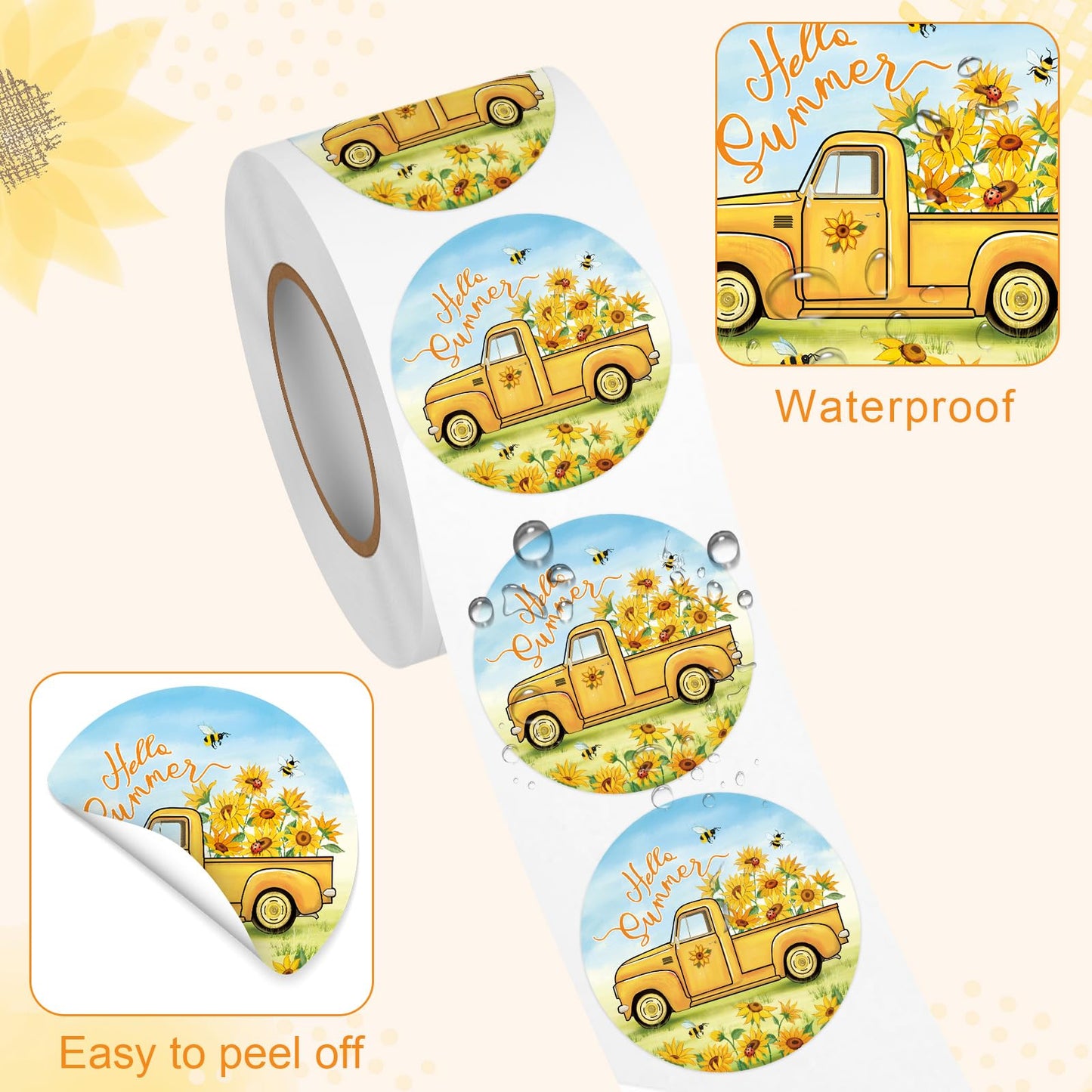 500PCS Hello Summer Label Sticker Roll, 1.5 Inch Round Sunflowers Stickers for Kids, Happy Summer Holiday Stickers Greeting Cards, Gift Boxes Decorations, Party Favors, Sealed Envelopes Trucks and Sunflowers