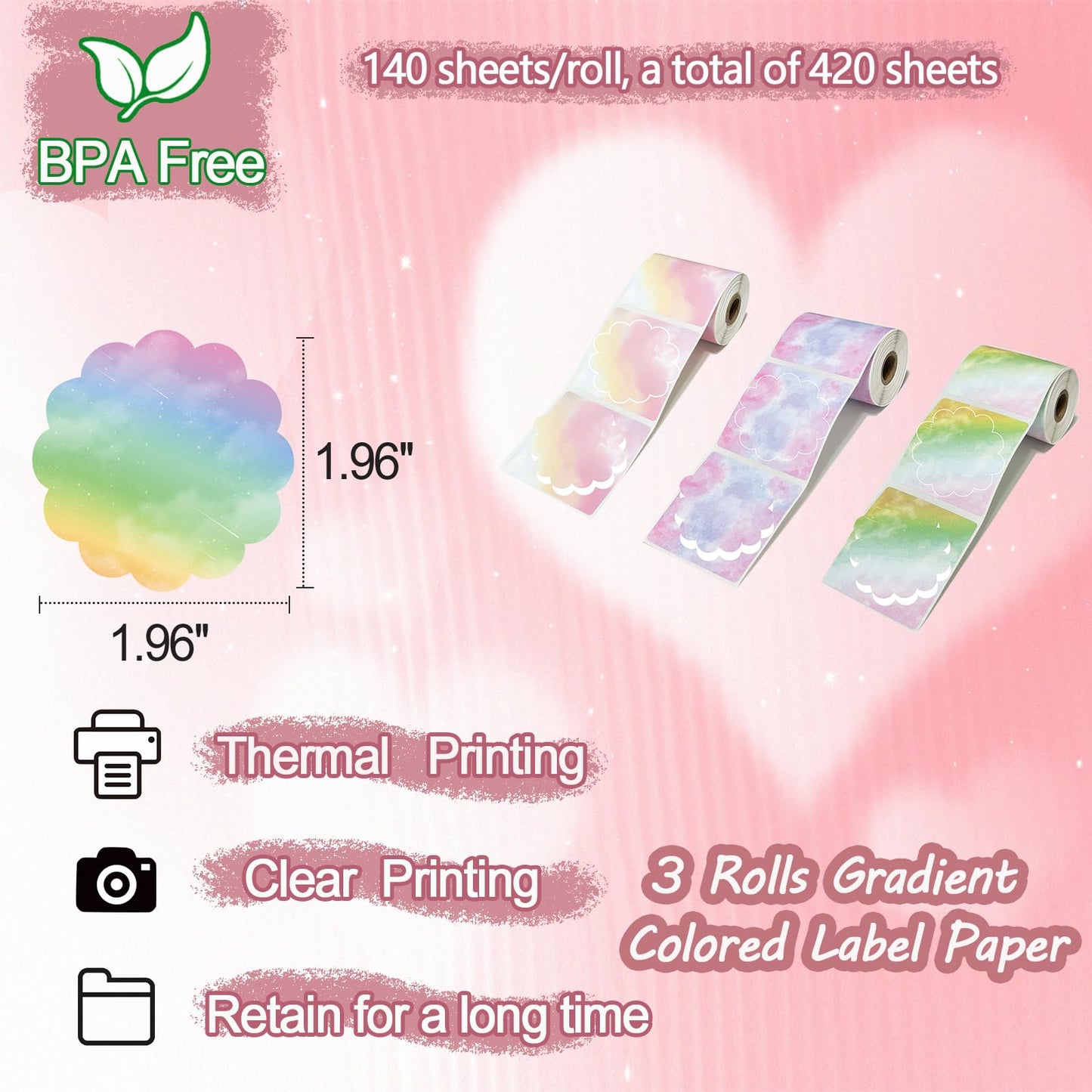 3 Rolls Flower Thermal Labels Gradient Colorful Sticker for Phomemo M110 M220 M221 M120 M200 Label Maker Printer,1.96x1.96in Waterproof Labels Paper for Address,DIY,Design,Price,Thanks