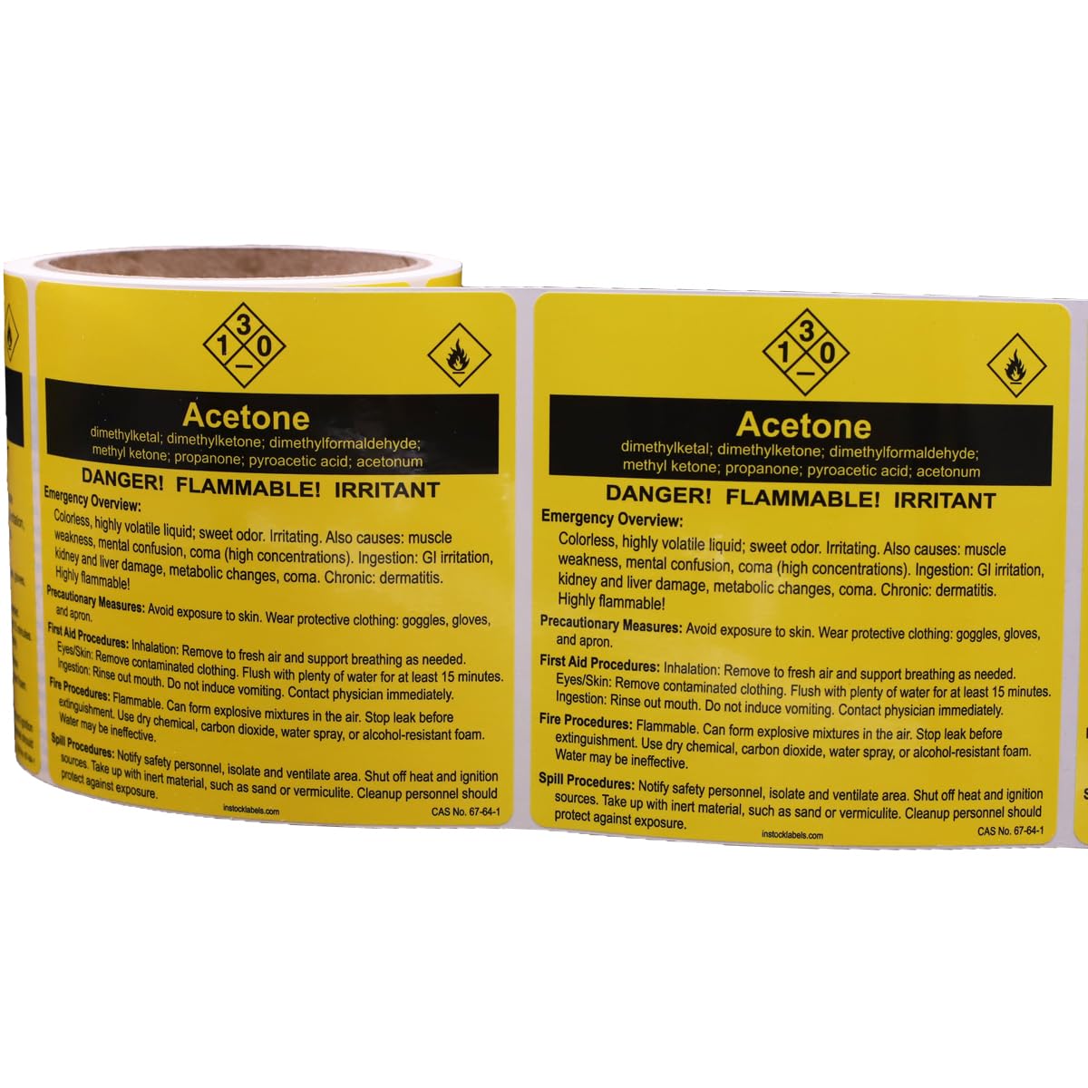 Acetone Chemical Safety Procedure Stickers 4 x 4 Inches, Yellow with Black Text, Emergency Overview, Precautionary Measures, First Aid, Fire, Spill Procedures, Chemical Safety Info, 100-Pack