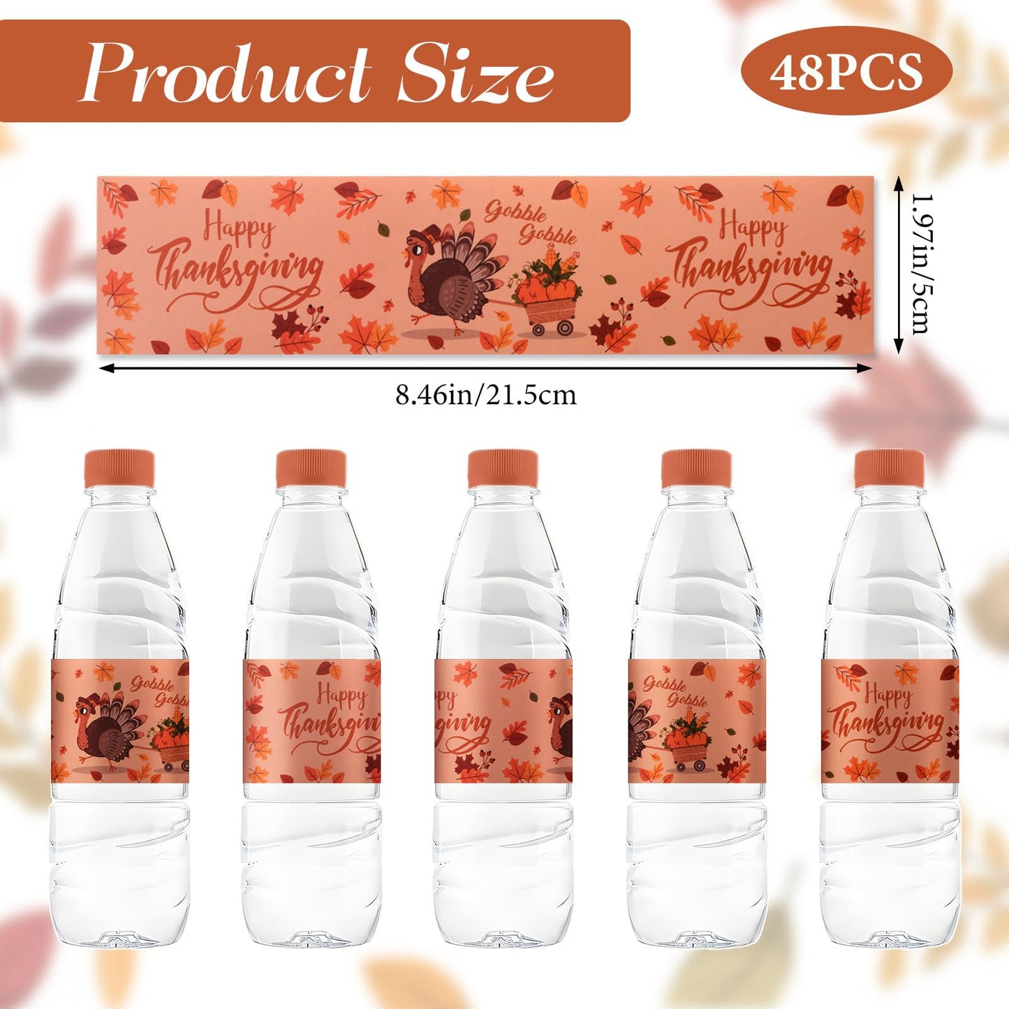 48 Pcs Thanksgiving Water Bottle Labels Turkey Day Themed Stickers Drinks Wrappers for Thanksgiving Party Favors Decor Supplies Orange