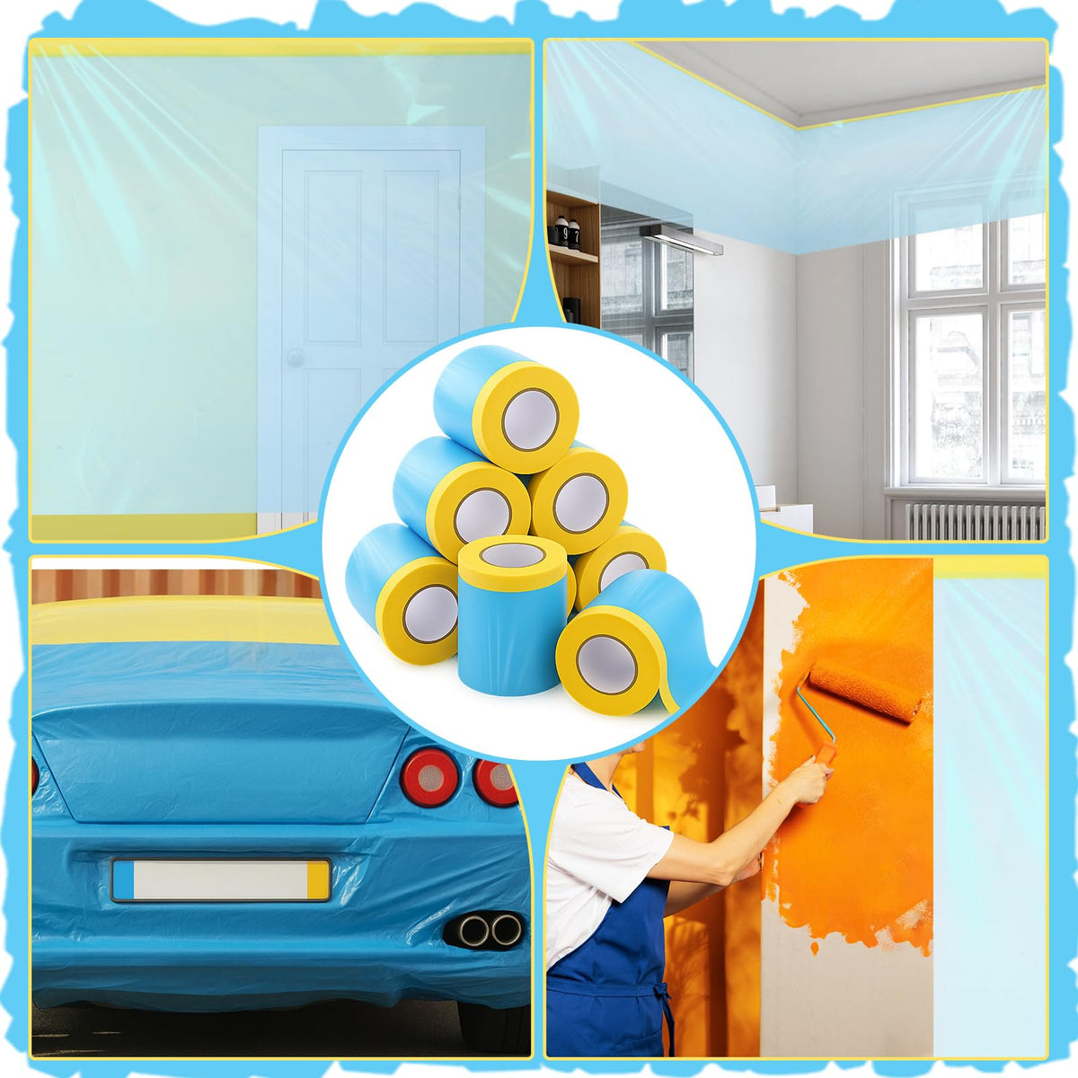 8 Roll Pre-Taped Masking Film for Painting 22'' / 43'' x 82' Plastic Sheeting Roll Automotive Painters Masking Tape Film Sheeting Cover for Walls Trim Appliance Furniture Windows(22'' X 82') 22'' X 82'