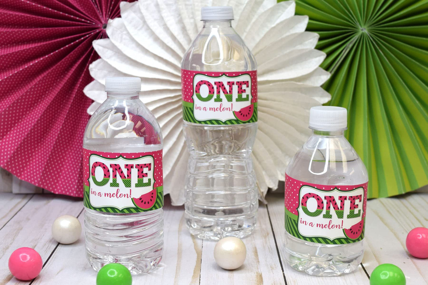 Sweet First Birthday Pink Watermelon Birthday Waterproof Water Bottle Sticker Wrappers, 20 1.75" x 8.5" Wrap Around Labels by AmandaCreation
