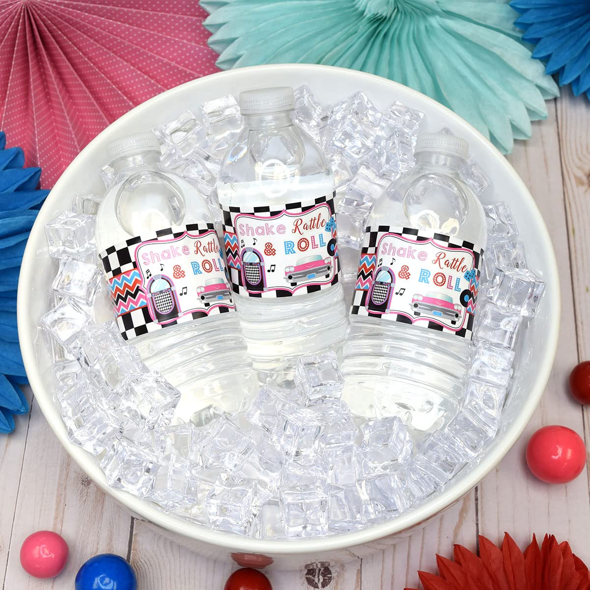 50’s Sock Hop Birthday Waterproof Water Bottle Sticker Wrappers, 20 1.75" x 8.5" Wrap Around Labels by AmandaCreation