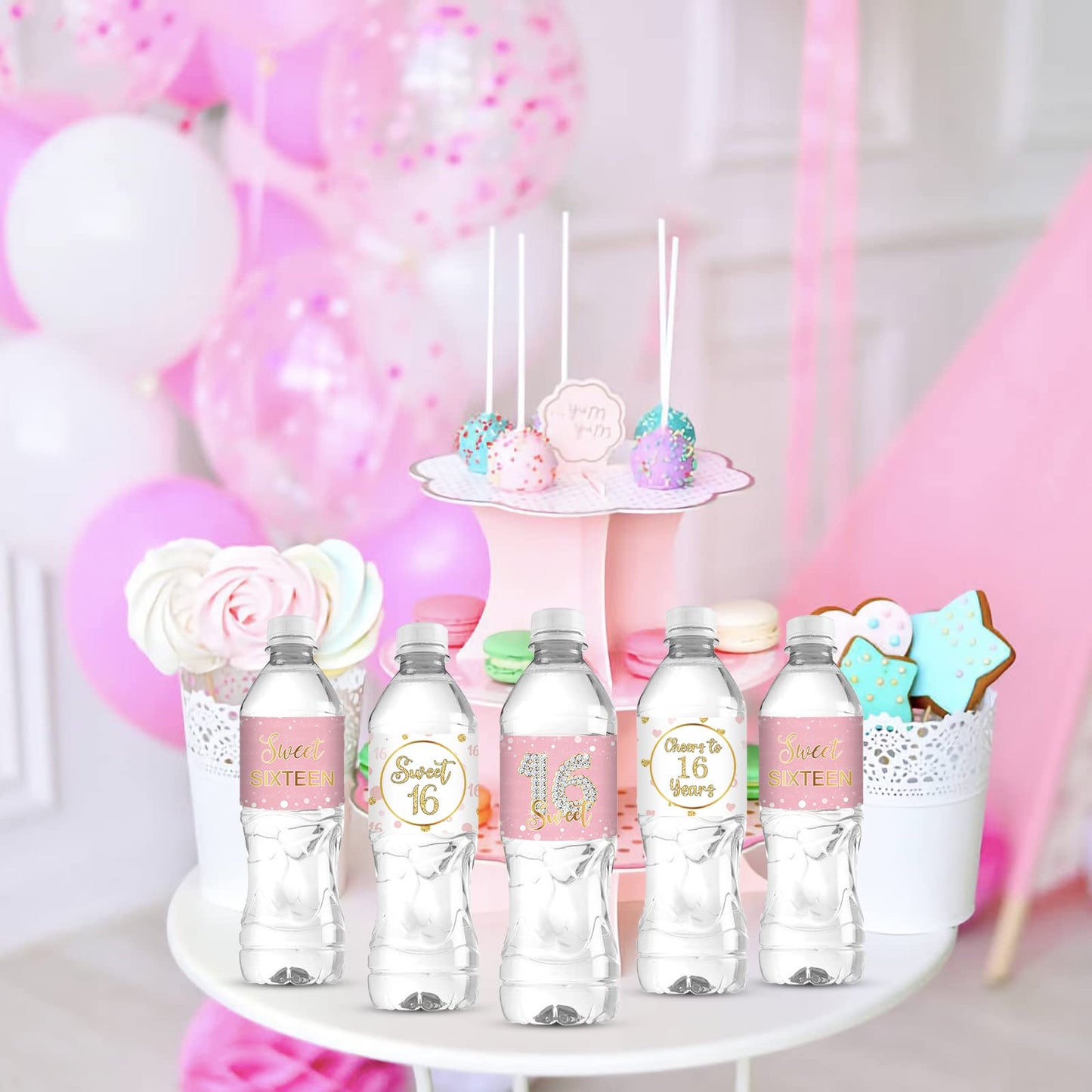 Sweet Sixteen Water Bottle Labels, Cheers to 16 Years Stickers, for Girl Happy 16th Birthday Labels Sign Pink and White - 30 Pcs