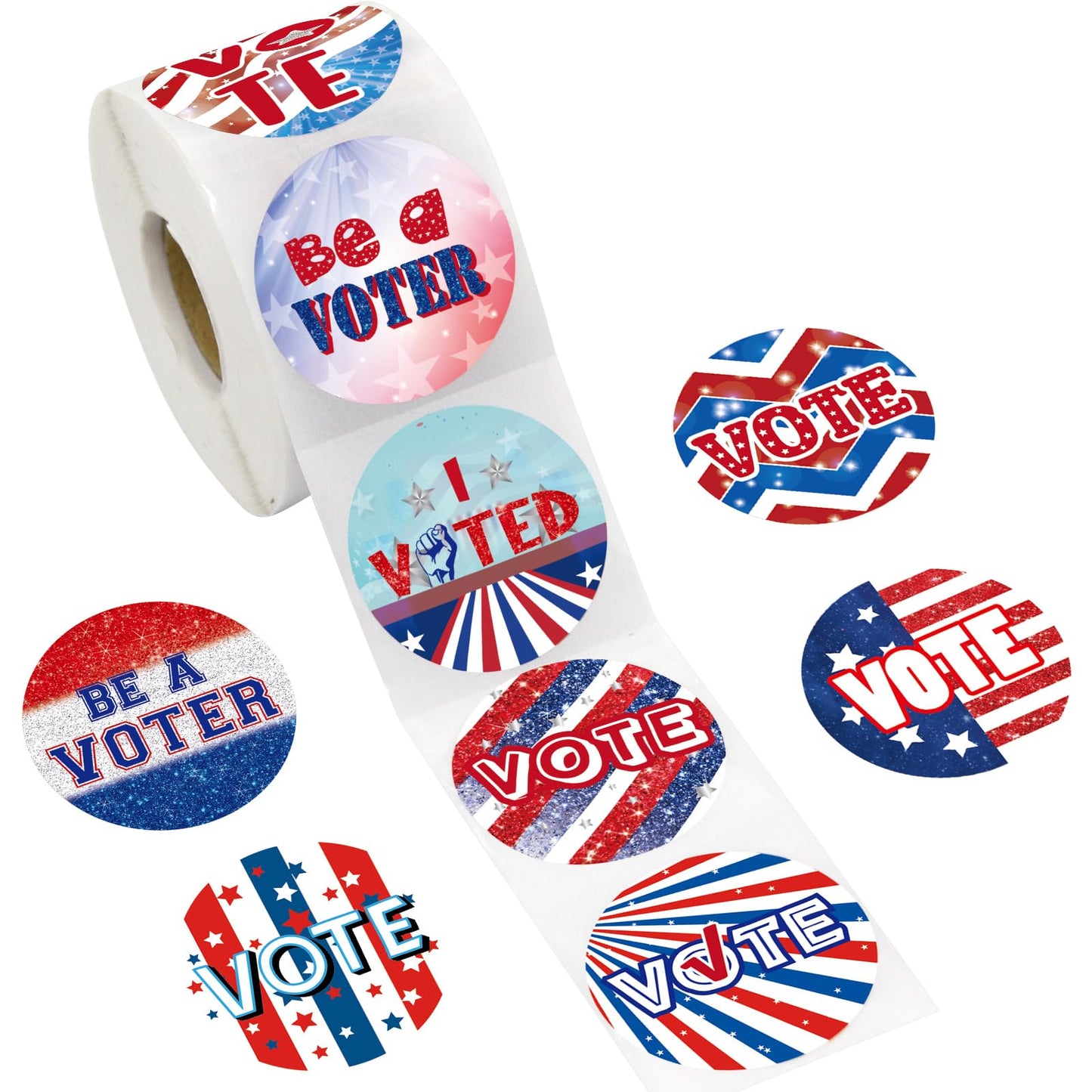 500 Pcs Vote Stickers Roll Glitter White Red Blue Self Adhesive Labels Patriotic for Election Votes Campaigns Voting Supplies
