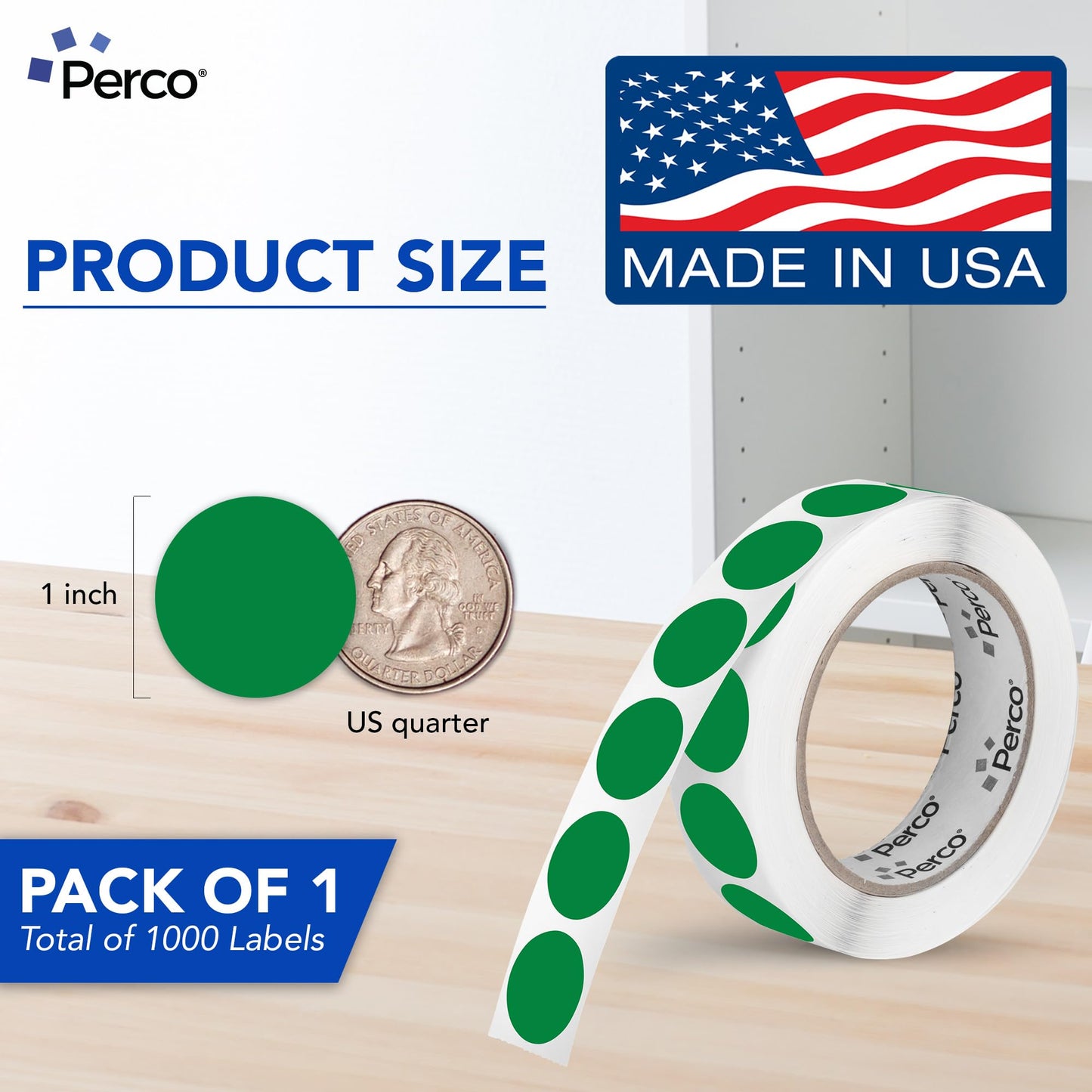 Perco Green 1-Inch Round Circle Dot Sticker Labels with Permanent Adhesive - 1,000 Labels per Roll - Vibrant Colors, Strong Adhesion - Made in USA 1 Roll