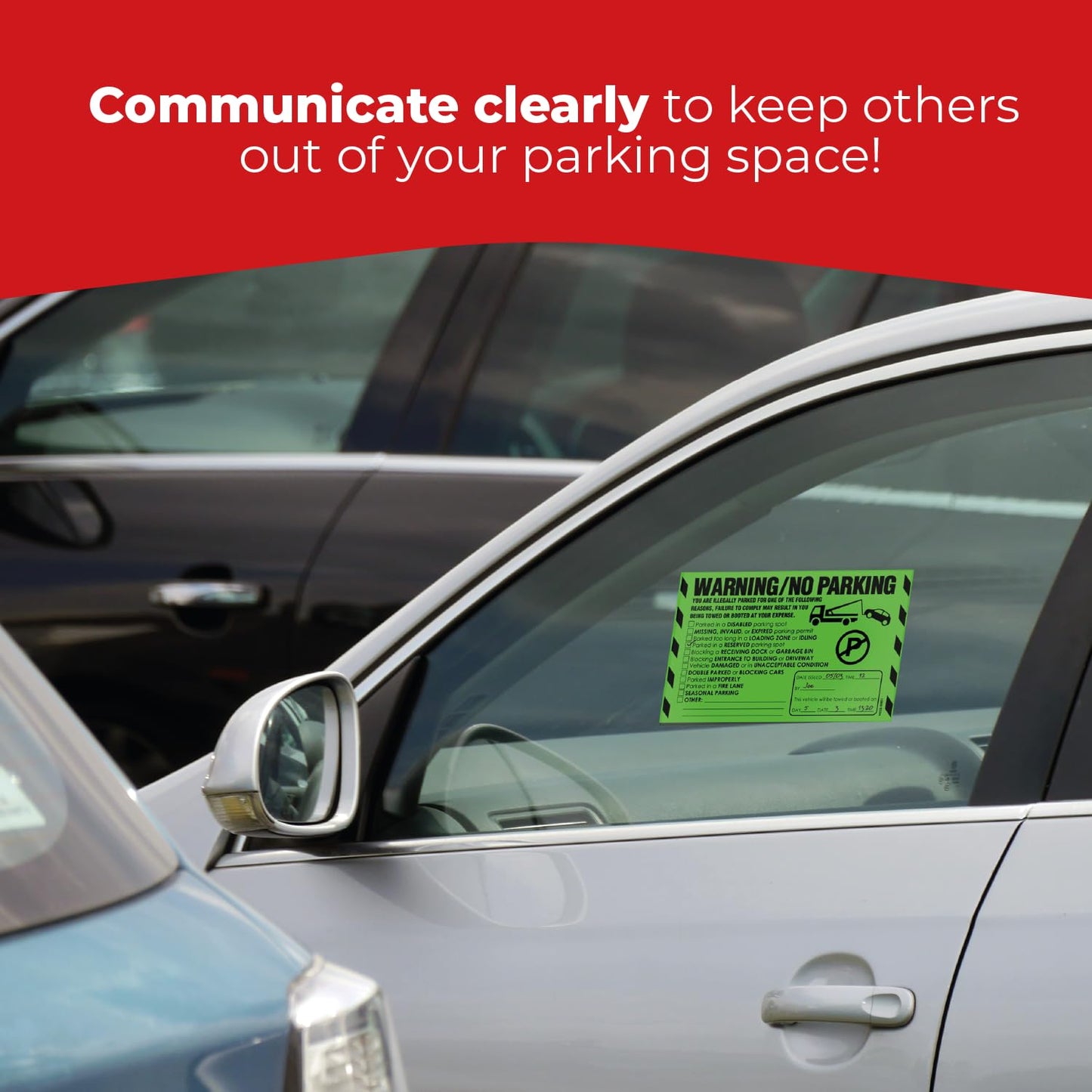 100 MESS Parking Violation Stickers - Hard to Remove - Green Multi-Reason - No Parking, Towing Warning Stickers 8x5 in 100