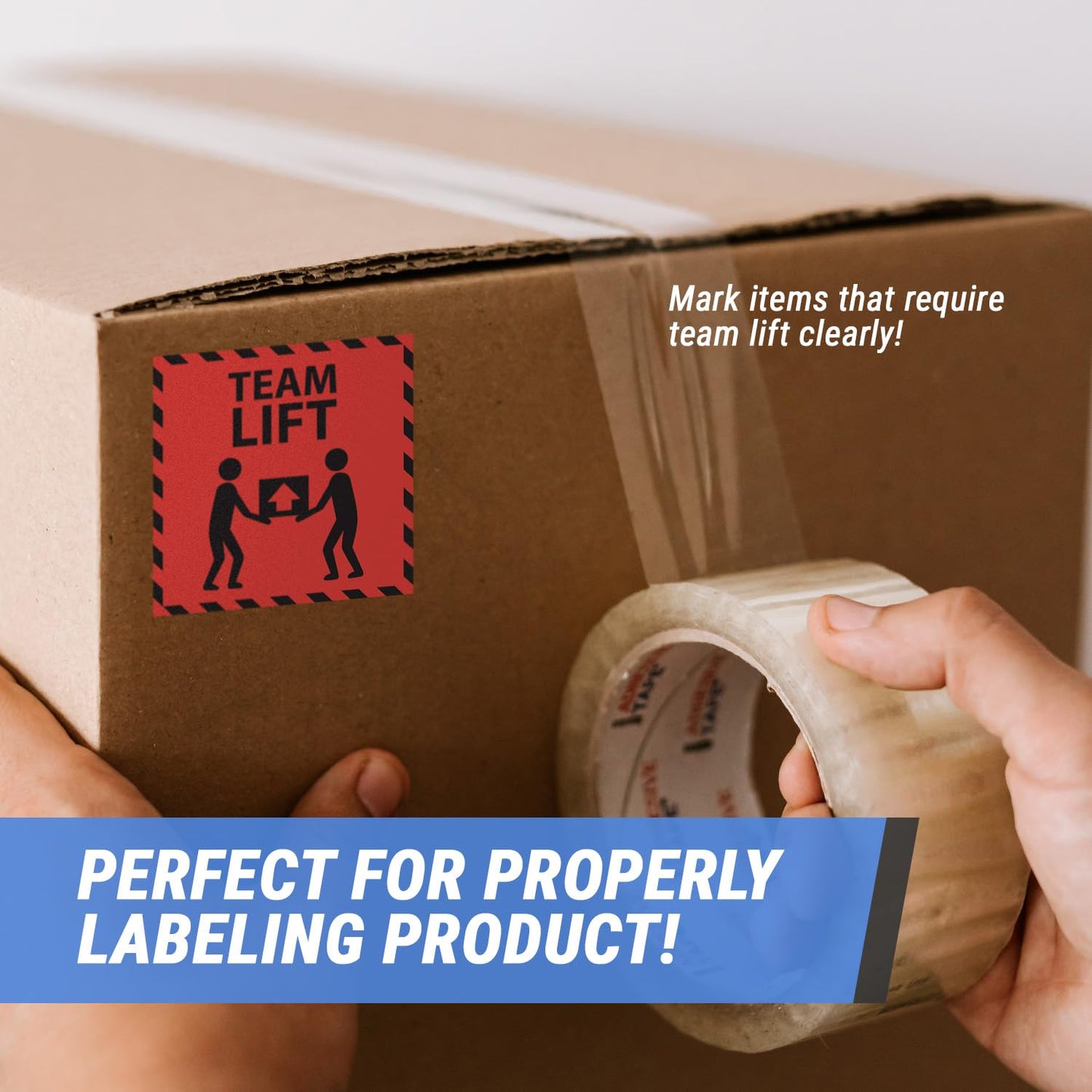 Team Lift Label Stickers - 3" x 3" Heavy Object Alert Home Moving Heavy Box Package Shipment - Caution Warning Labels Fragile Glass Moving Shipping Handling Boxes Packages - 1 Roll, 300 Count Red