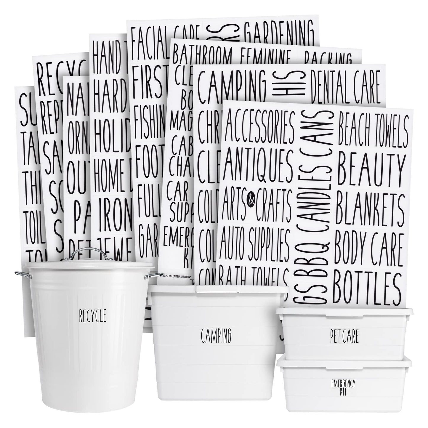 Talented Kitchen Set of 138 Household & Storage Organization Labels - All Caps, Black, Preprinted on Clear Stickers for Garage Bins & Boxes - Kitchen Stickers & Garage Labels for Storage Bins