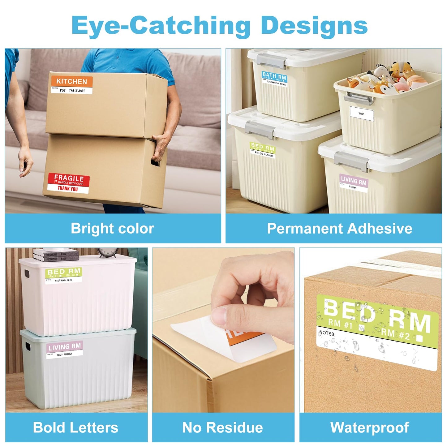 300 pcs Home Moving Labels,5 Pre-Printed Color-Coded Coding Labels with Writable Notes Areas Packing Box Stickers for Boxes with 50 Fragile Stickers & 50 Blank Ones (Each Measures1.7 x 3.6in) 2 x 3 in