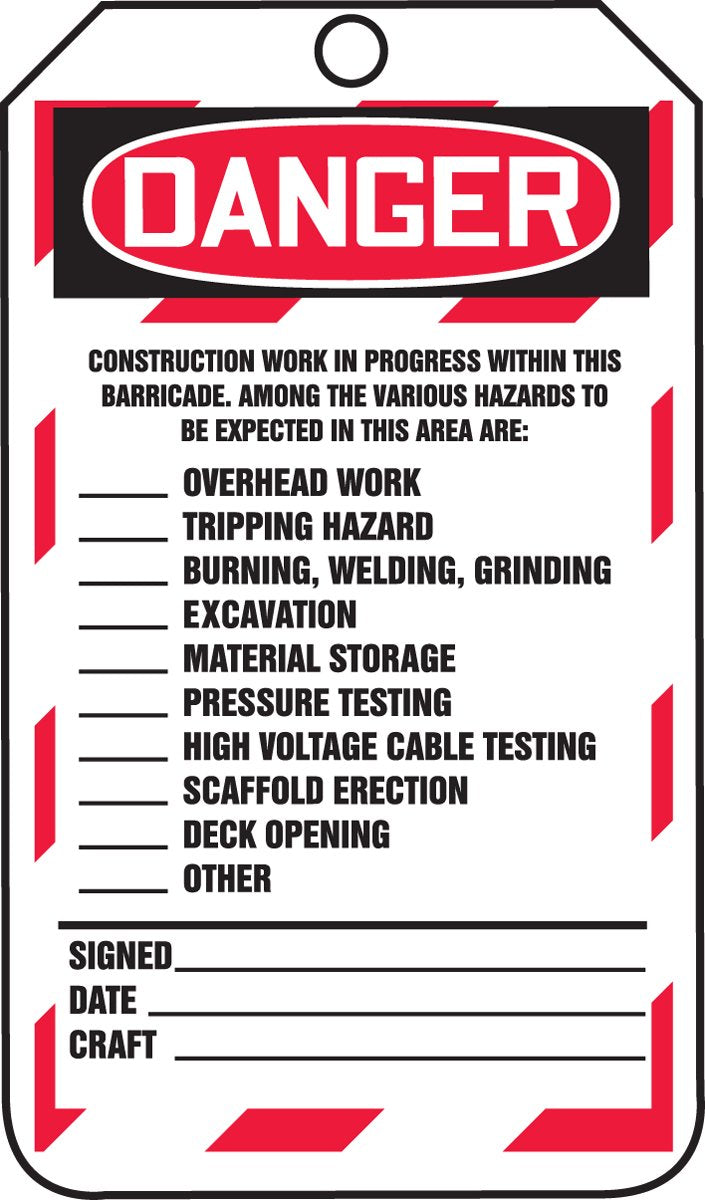 Accuform TAB102CTP Barricade Status Tag, Danger Construction Barricade - ONLY Persons Directly Involved Shall BE Permitted to Enter, 5.75"x3.25"x0.010", PF-Cardstock, Red/Black on White (Pack of 25)