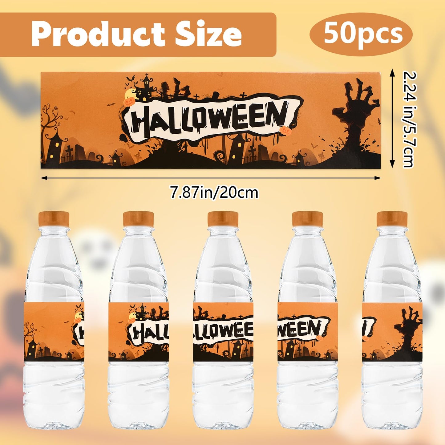 50 Pcs Halloween Water Bottle Labels,Retro Style Pumpkin Colour Stickers Drinks Wrappers for Halloween Party Favors Decor Supplies Yellow
