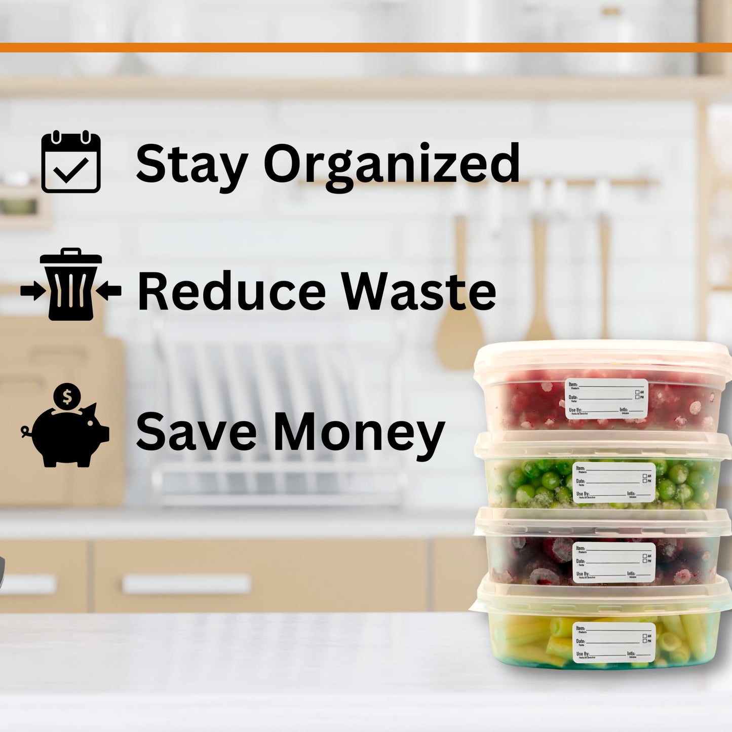 2x1 Dissolvable Labels for Food Storage - 500 Black Date Stickers for Containers